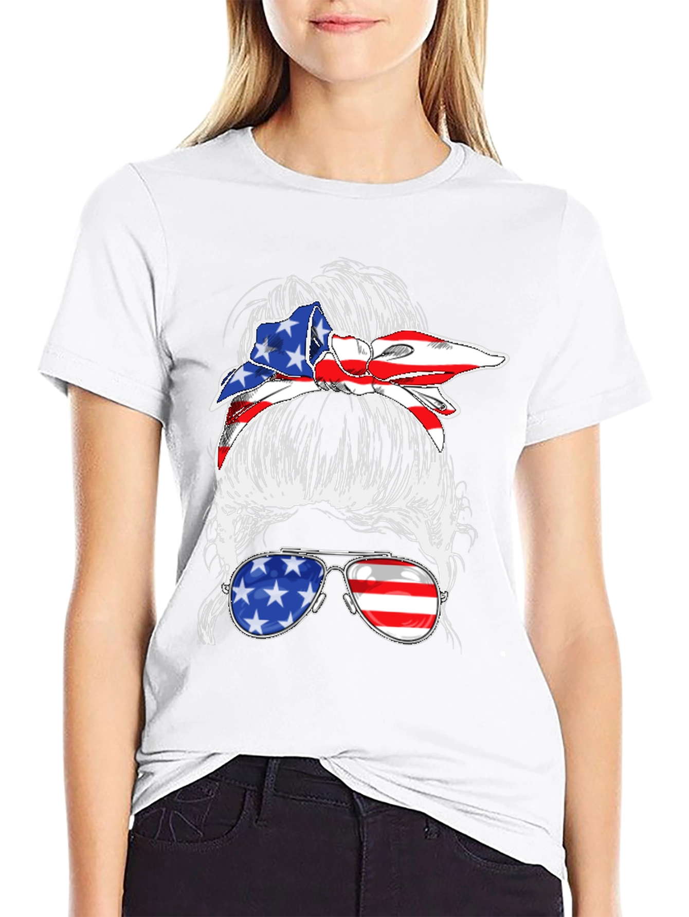 Black Messy Bun American Flag T-Shirt view 9