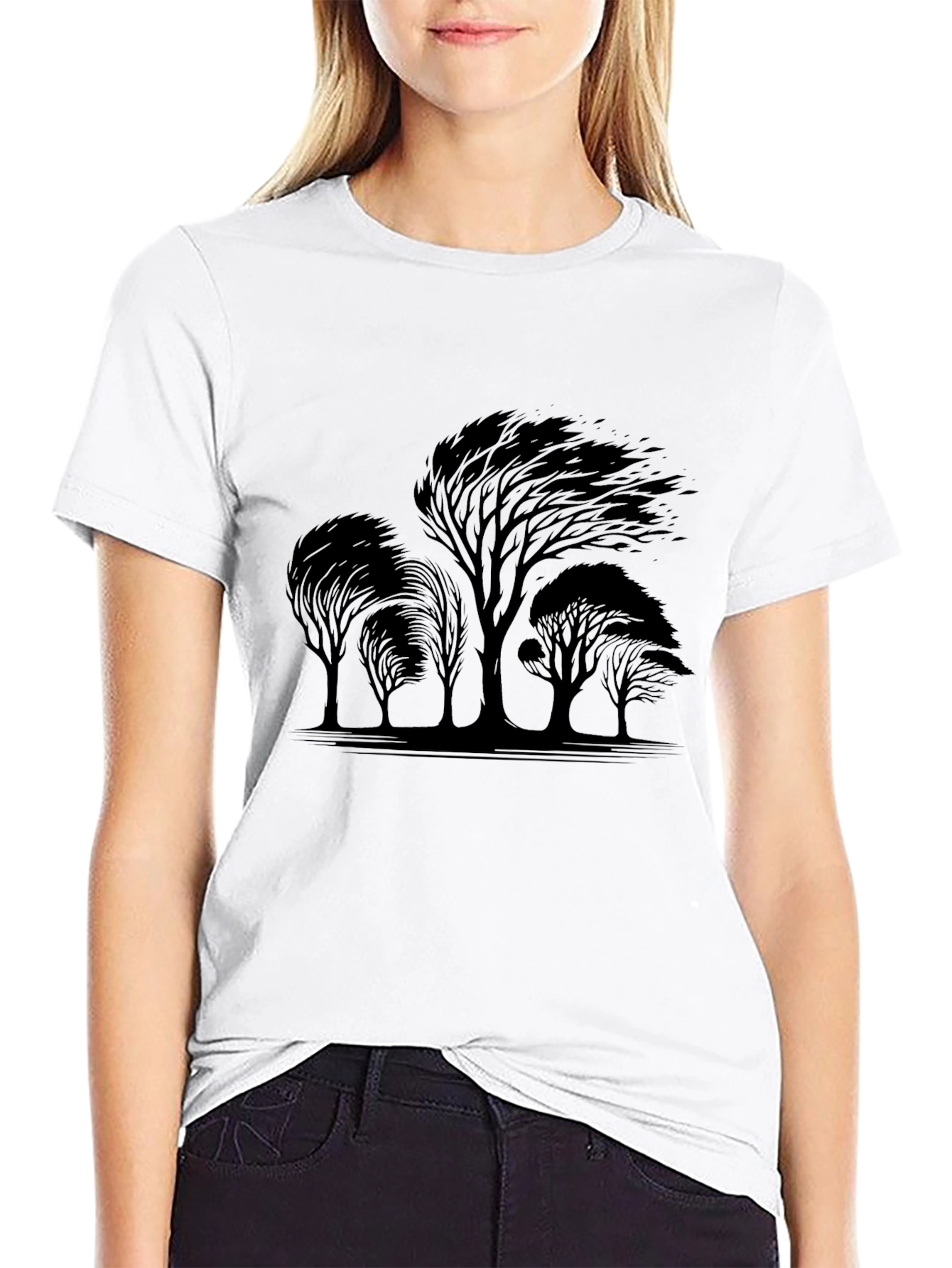 Black Men's Black T-Shirt with Windblown Trees Graphic view 9