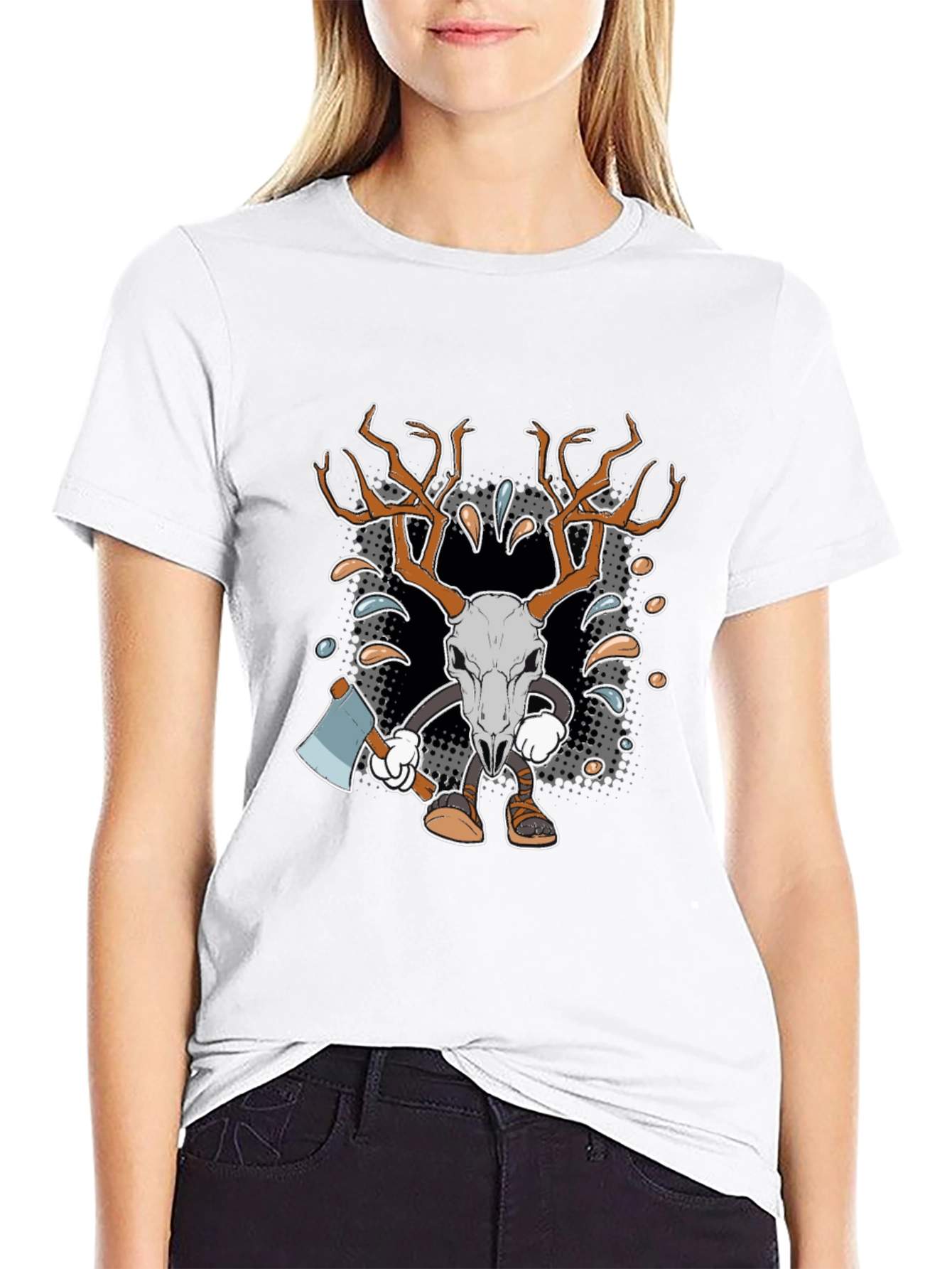 Black Cartoon Deer Skull Axe T-Shirt view 9