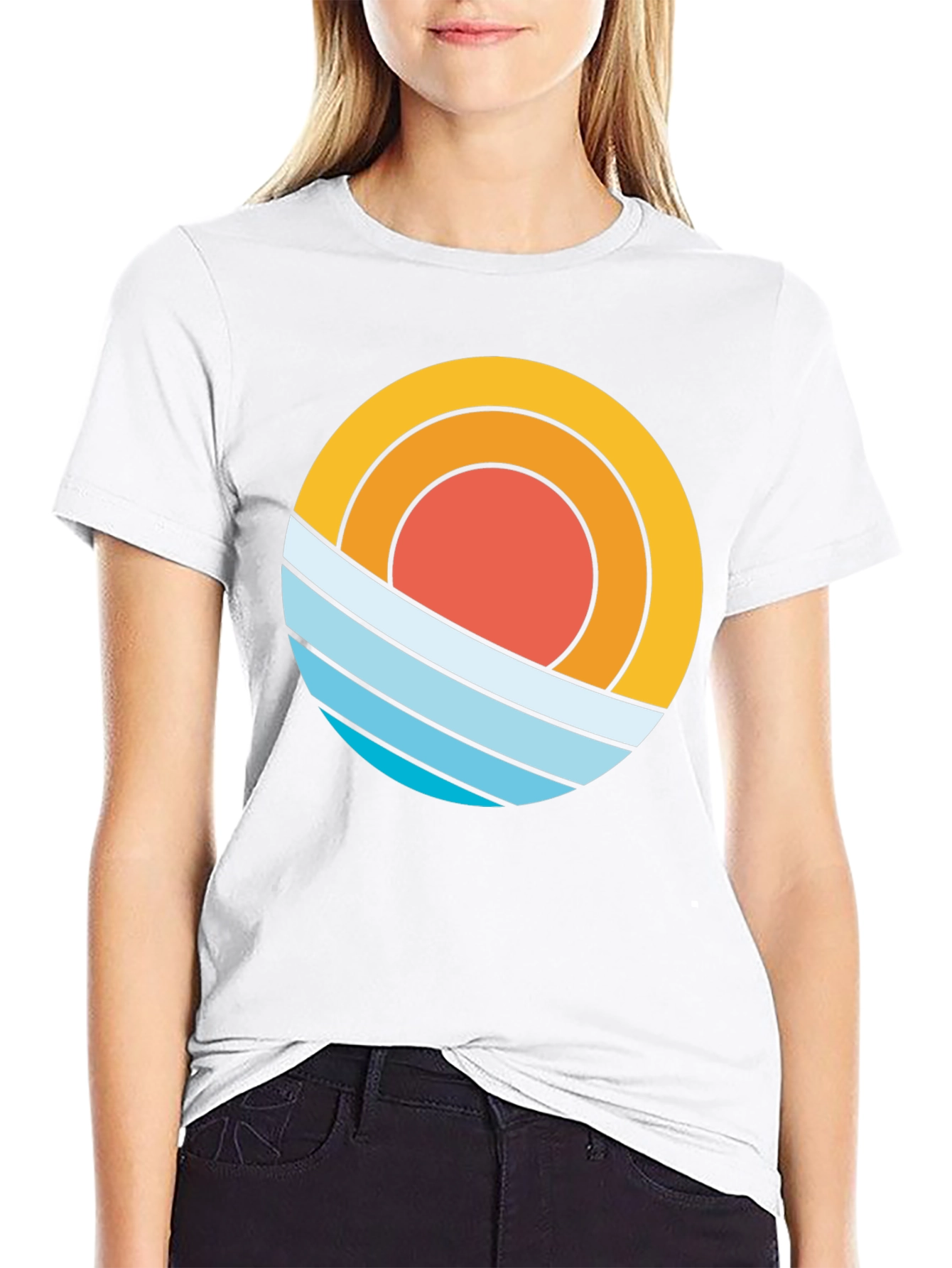 Black Retro Sun & Waves Graphic Tee - Black Cotton T-Shirt view 9