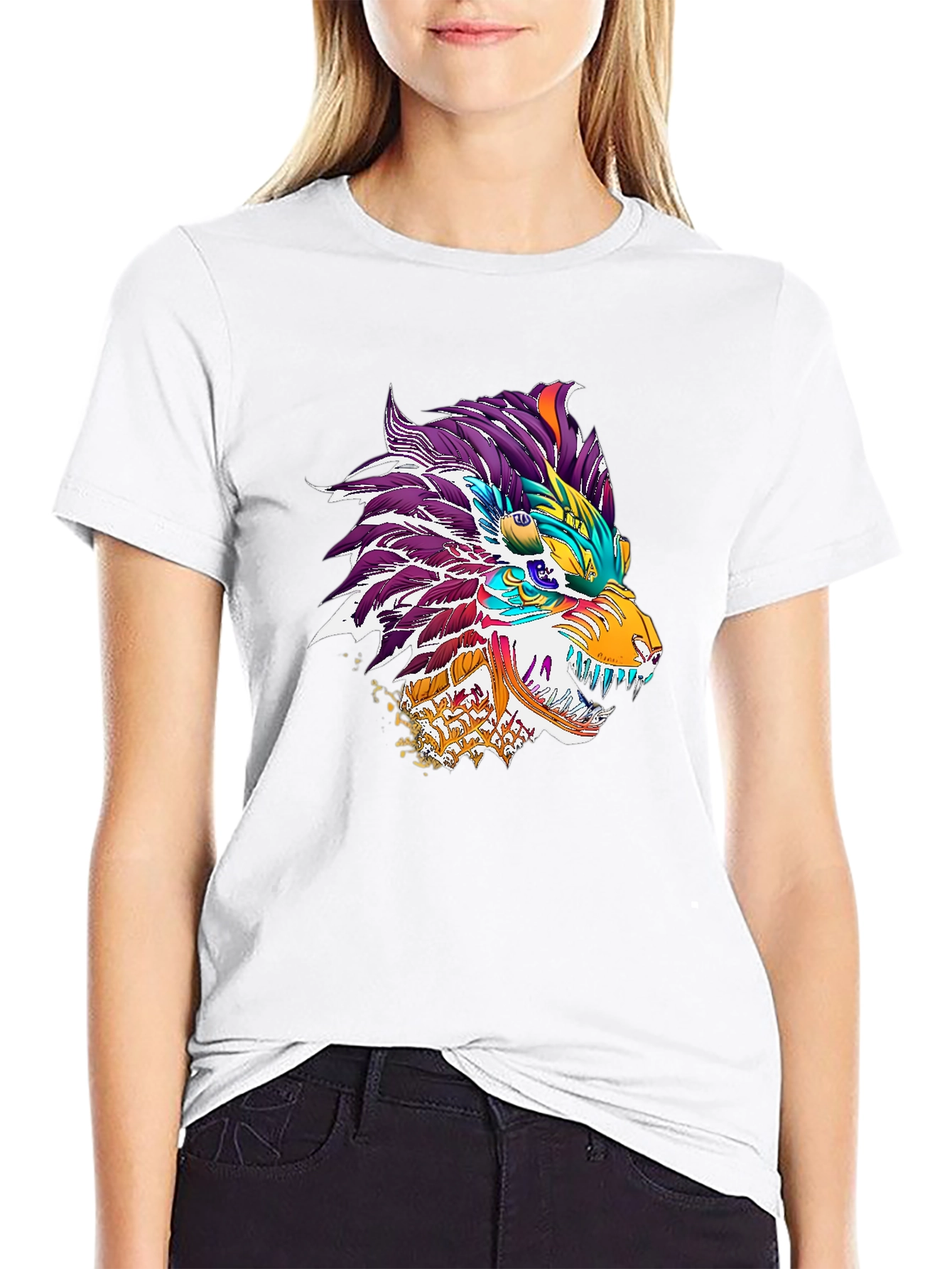 Black Colorful Dragon Wolf Graphic Tee - Black view 9