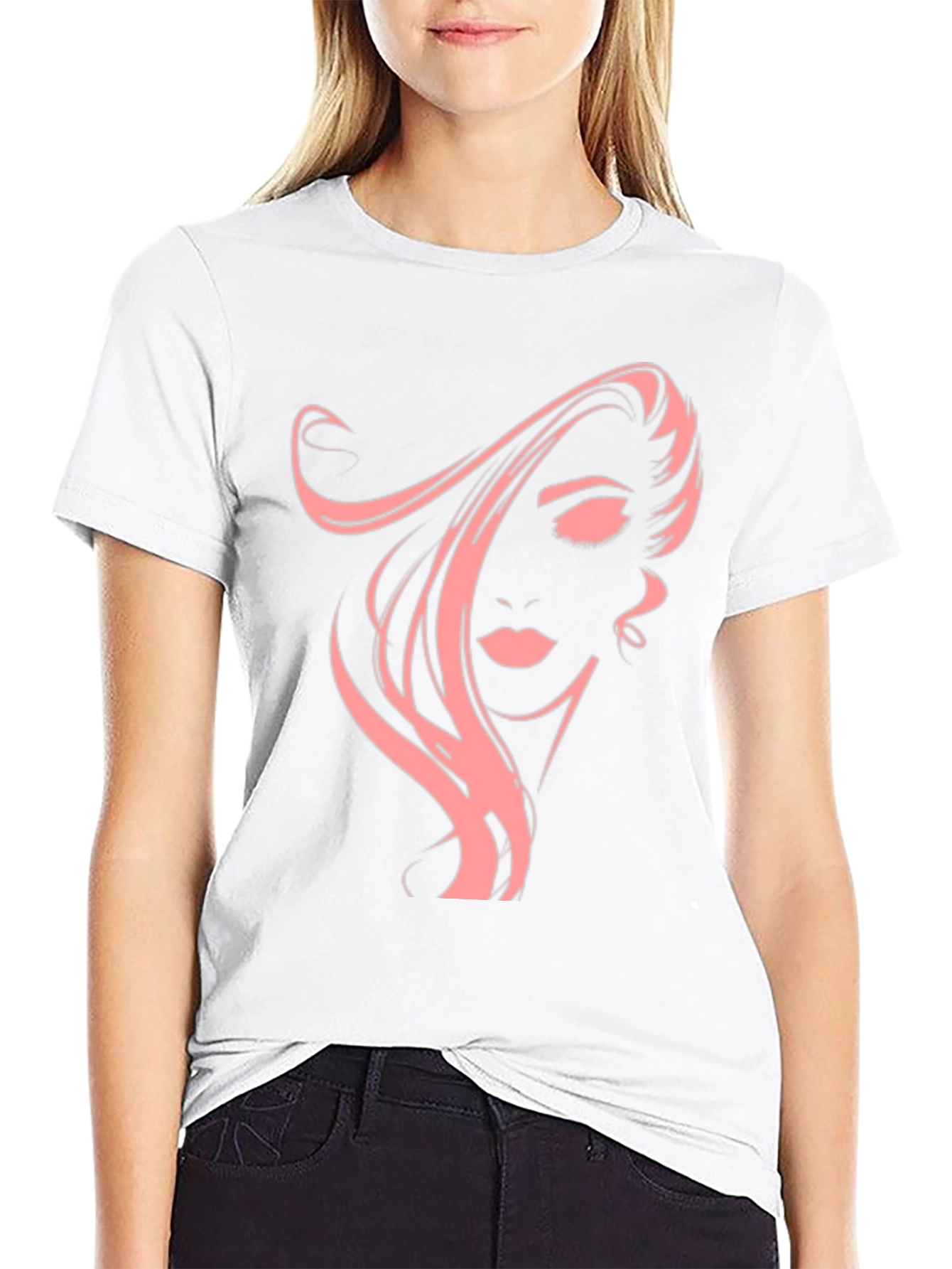 Black Stylish Black T-Shirt with Pink Woman Portrait Graphic view 9