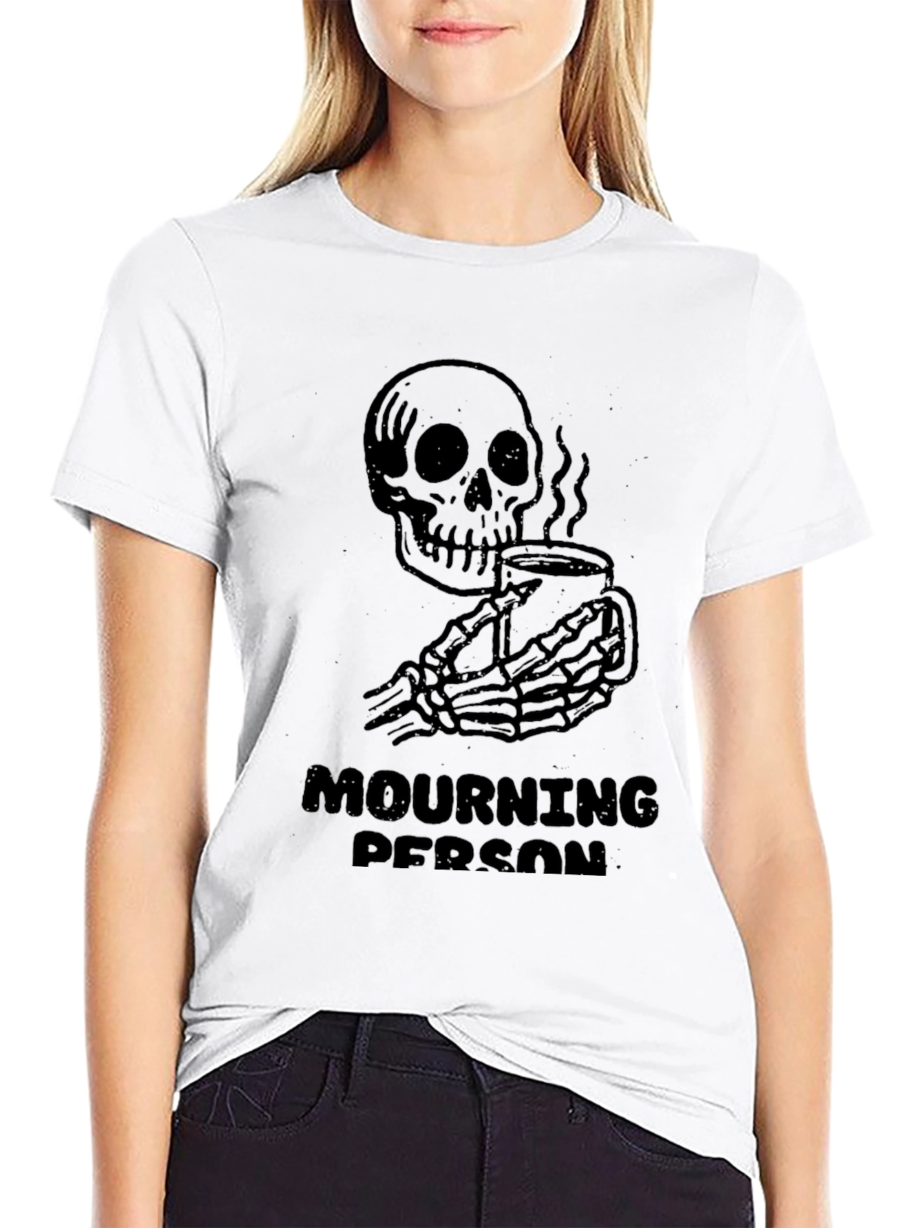 Black Mourning Person T-Shirt - Skeleton Coffee Graphic Tee view 9