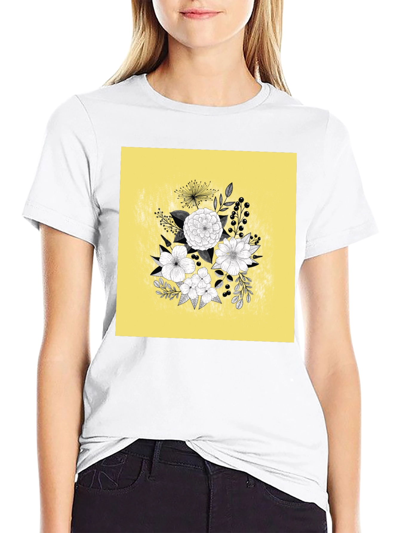 Black Floral Graphic Tee - Black Cotton T-Shirt view 9