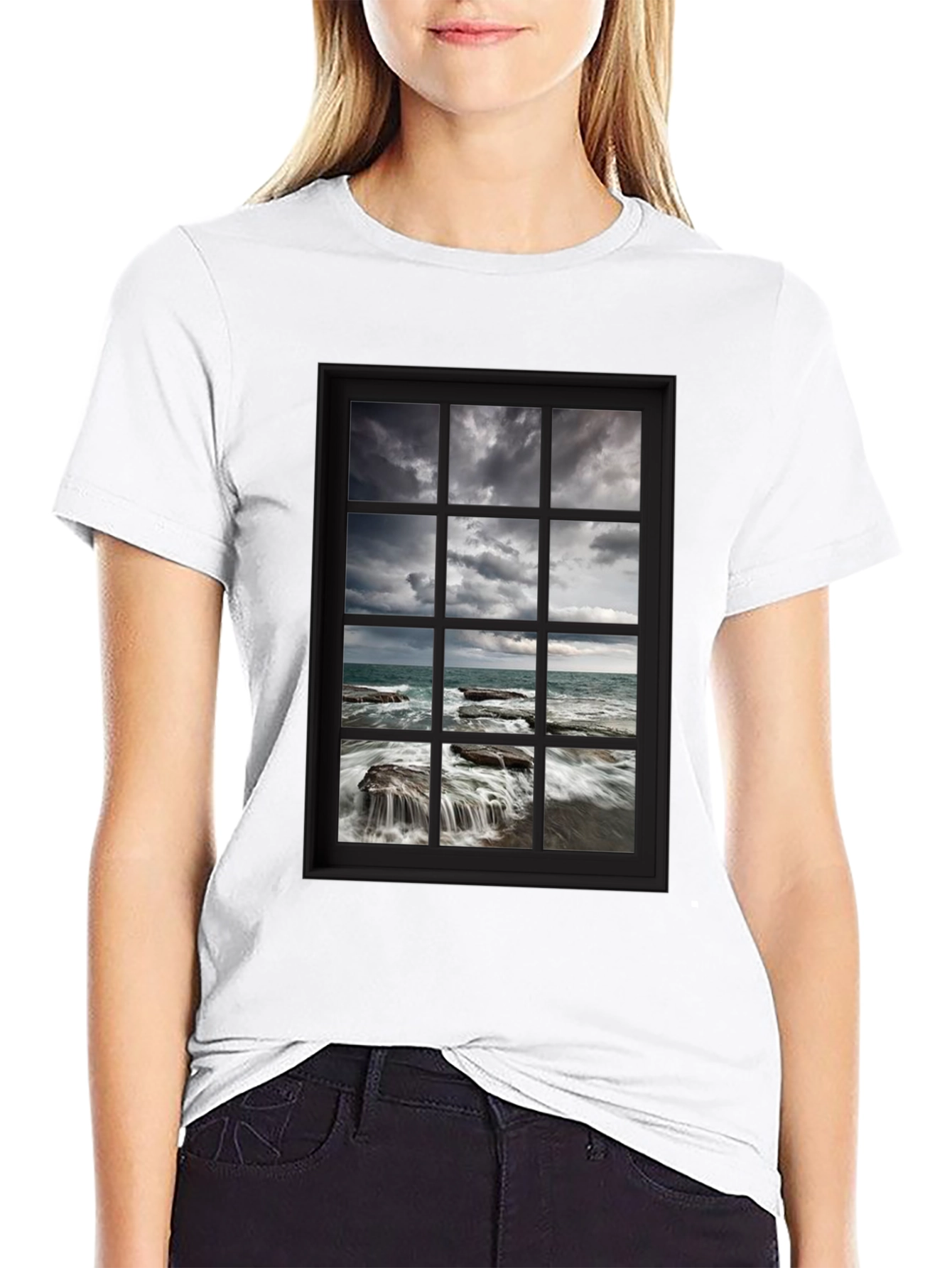 Black Ocean View Window T-Shirt view 9
