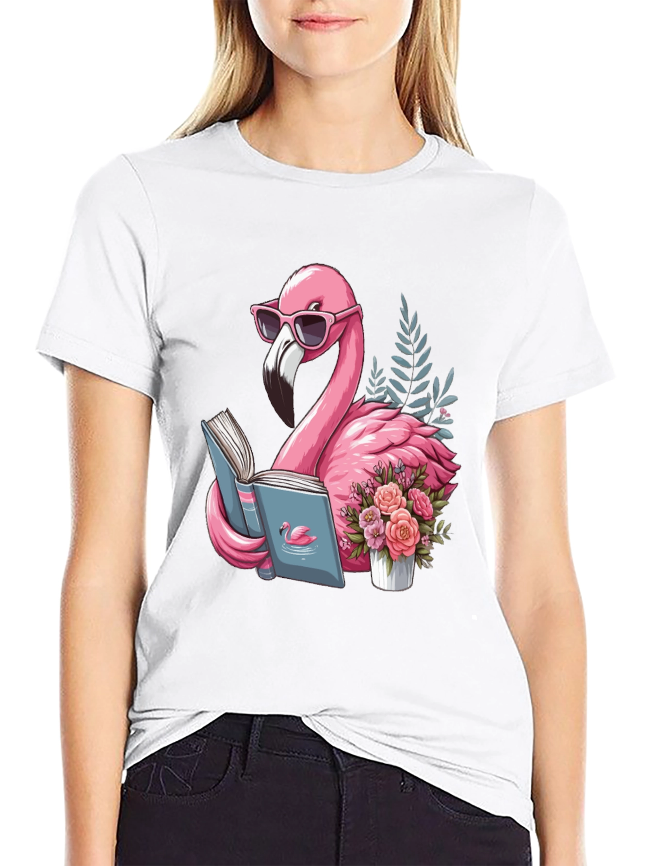 Black Flamingo Reading T-Shirt - Black Cotton Tee view 9
