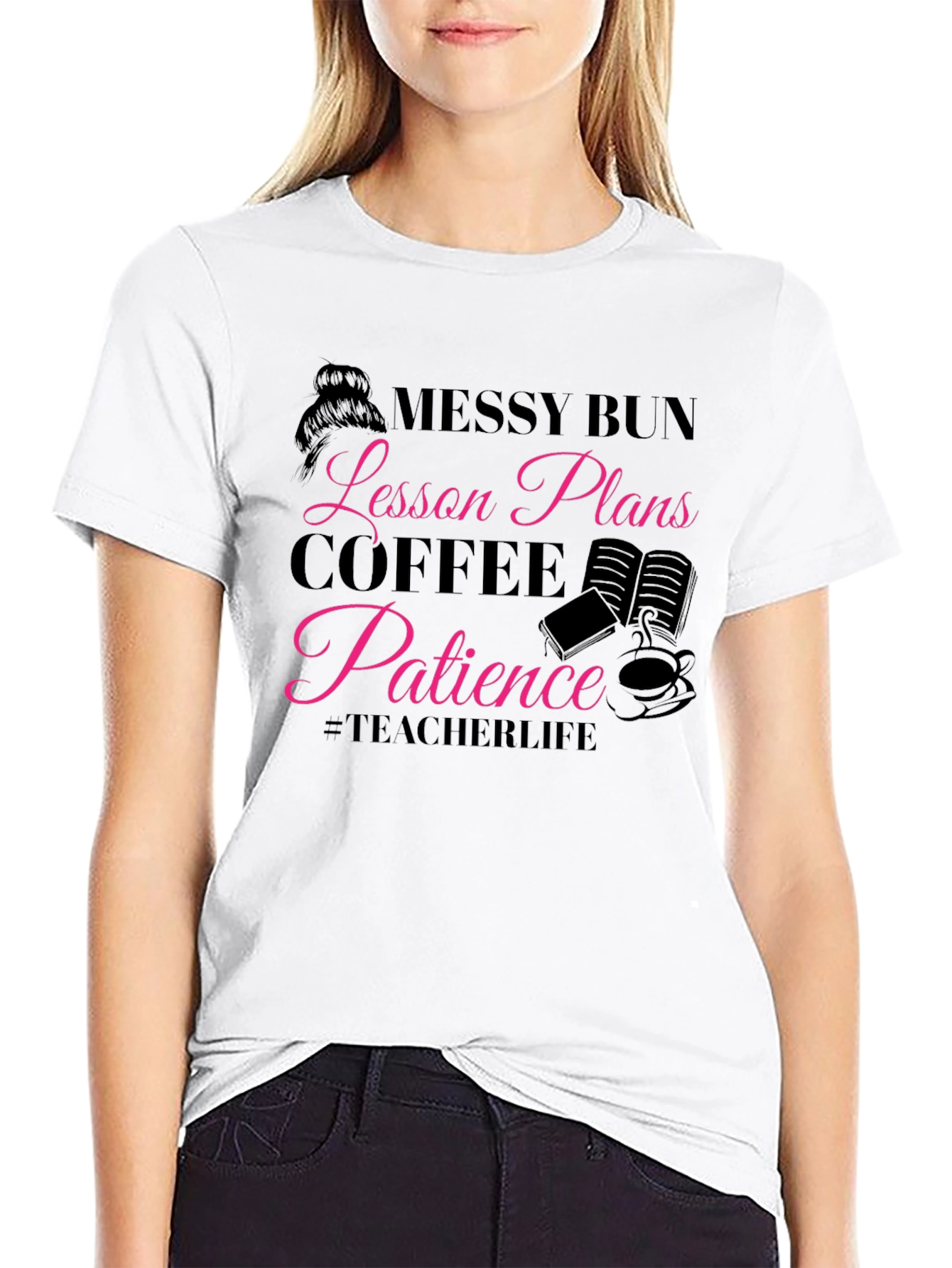 Black Messy Bun Teacher Life T-Shirt view 9