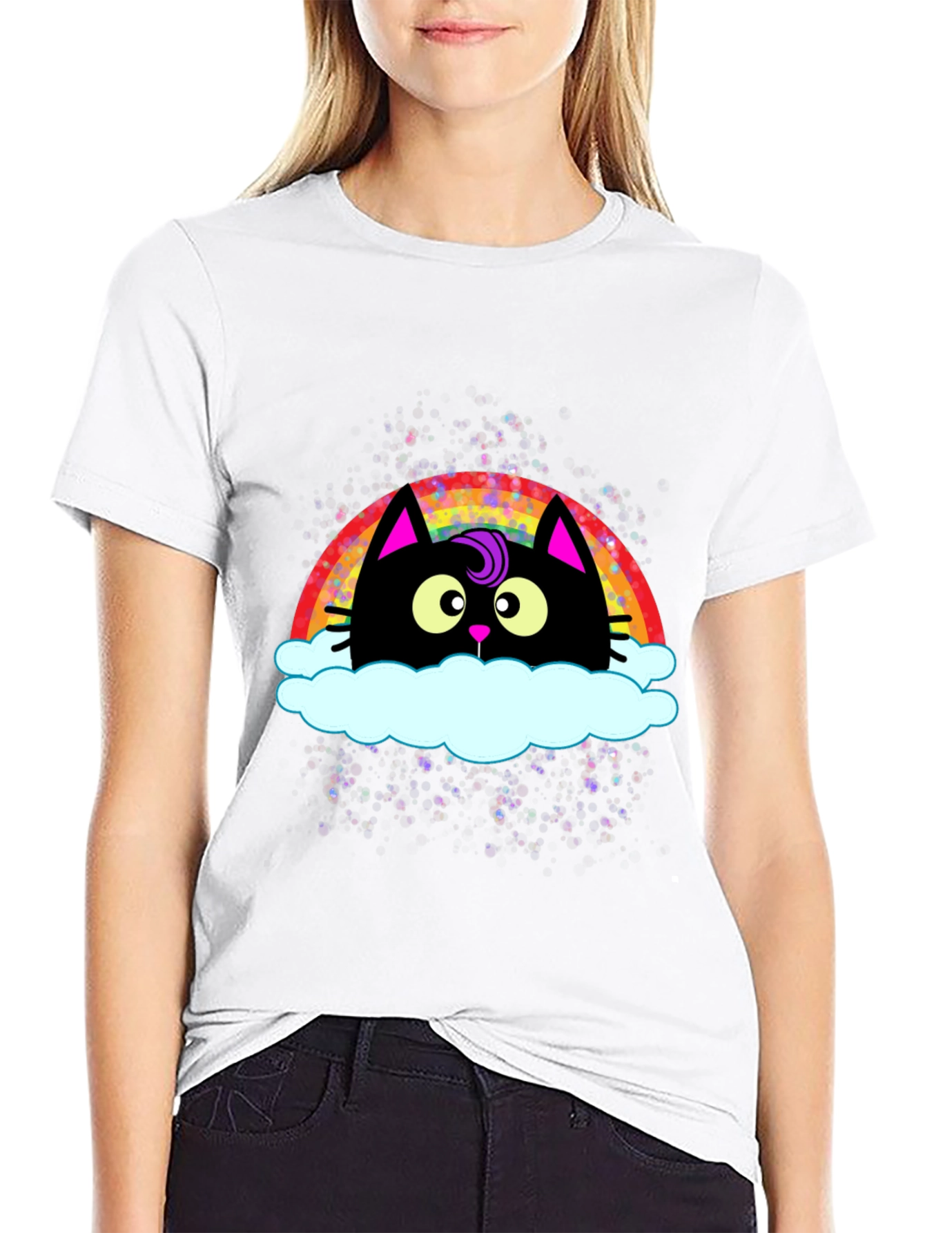 Black Rainbow Cat Cloud Graphic T-Shirt - Trendy Casual Tee view 9