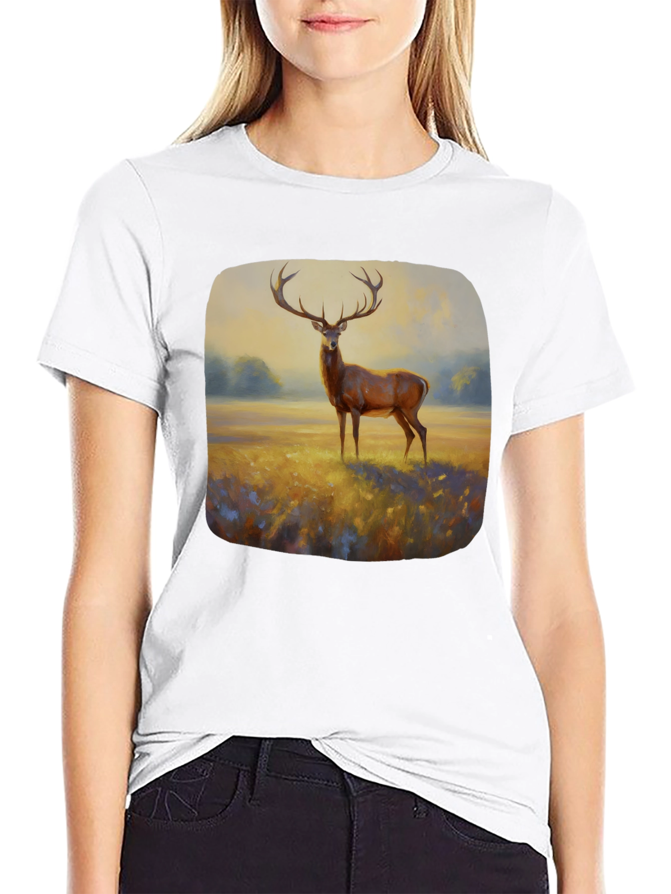 Black Deer Painting Graphic Tee - Nature Inspired Art Shirt view 9