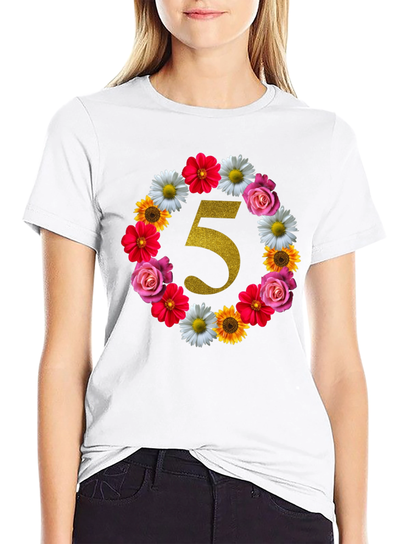 Black Floral Number 5 Birthday T-Shirt view 9