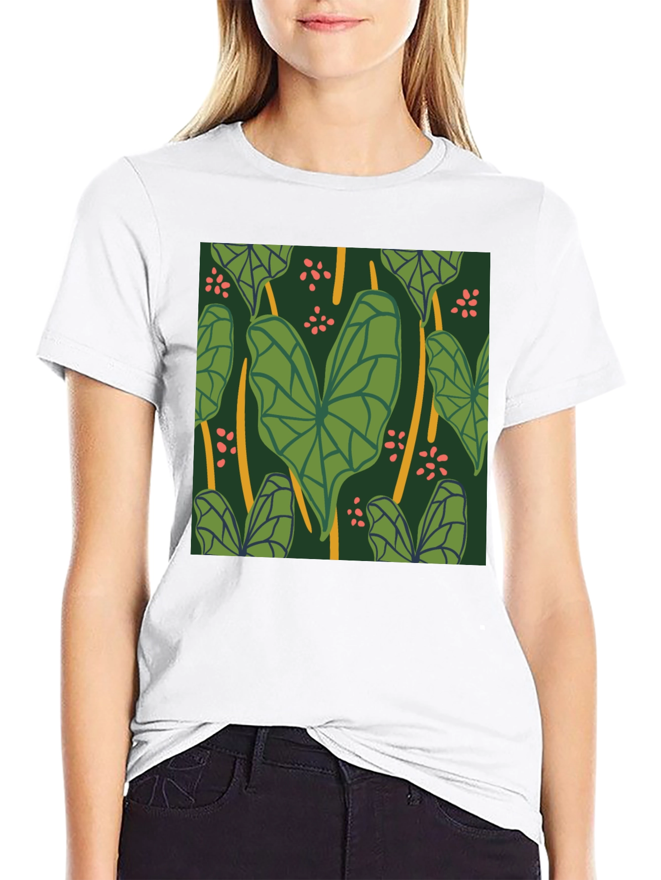 Black Tropical Leaf Pattern Black T-Shirt view 9