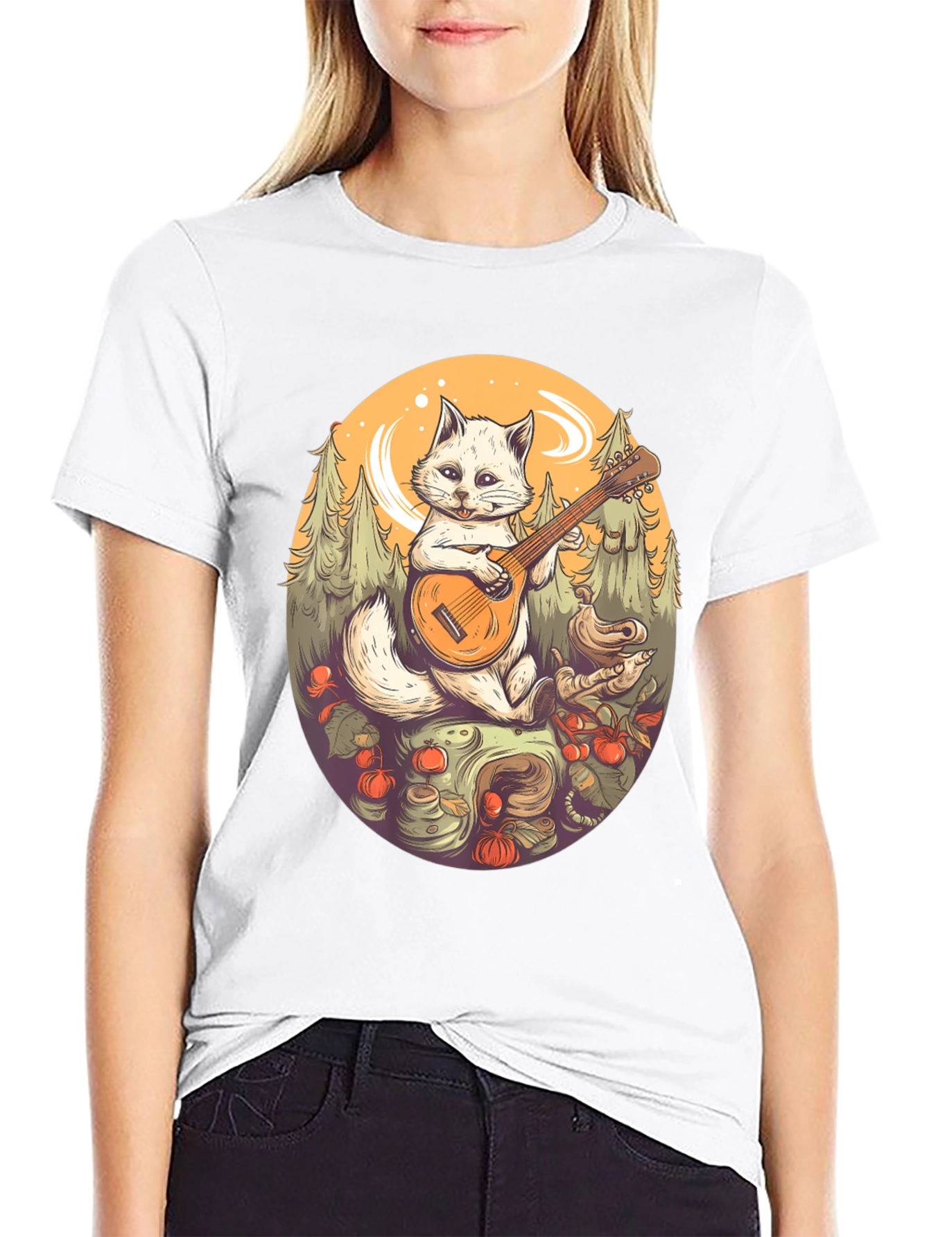 Black Cat Playing Banjo Graphic T-Shirt view 9