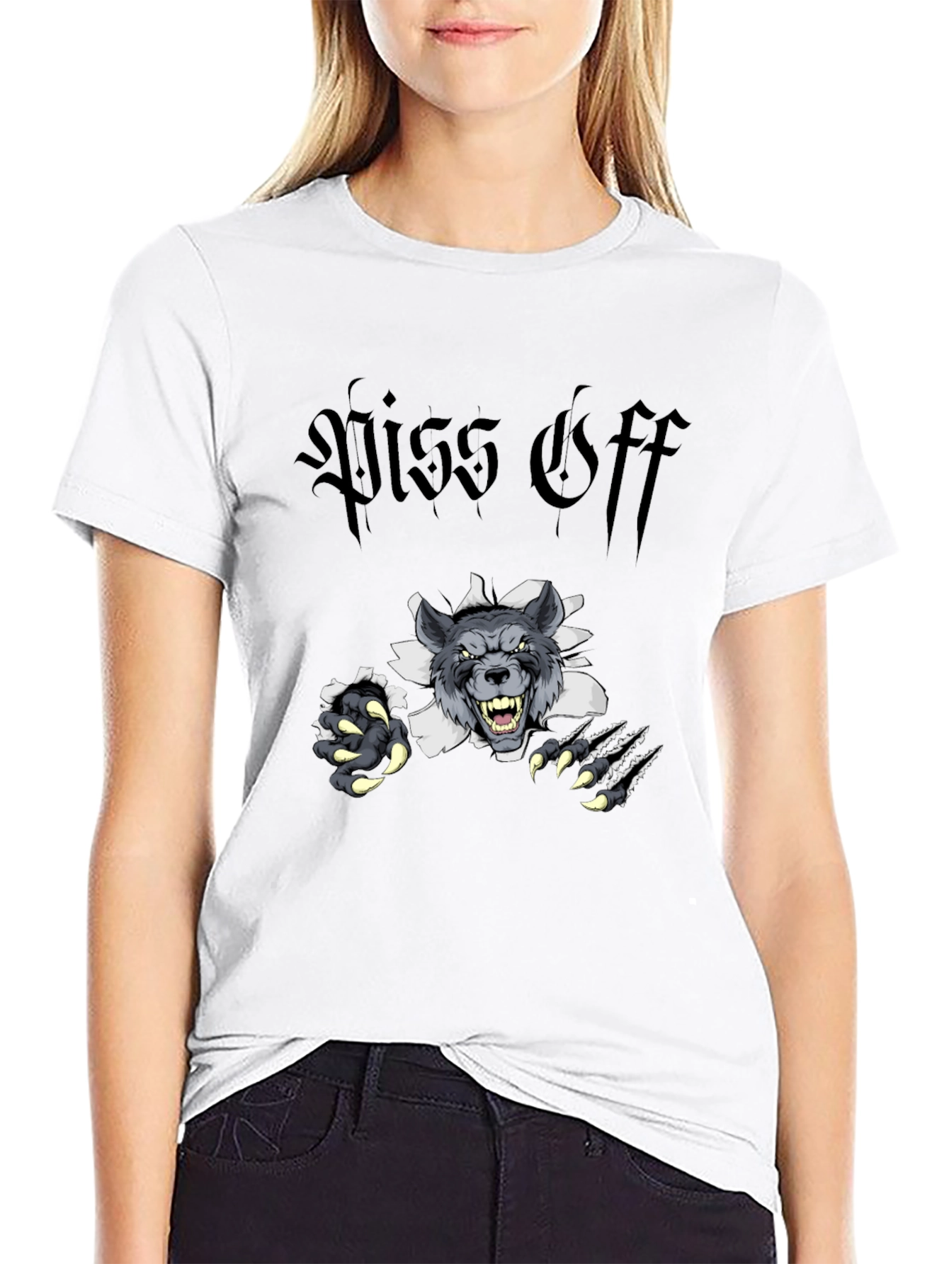 Black Piss Off Wolf Graphic Tee - Black Cotton T-Shirt view 9