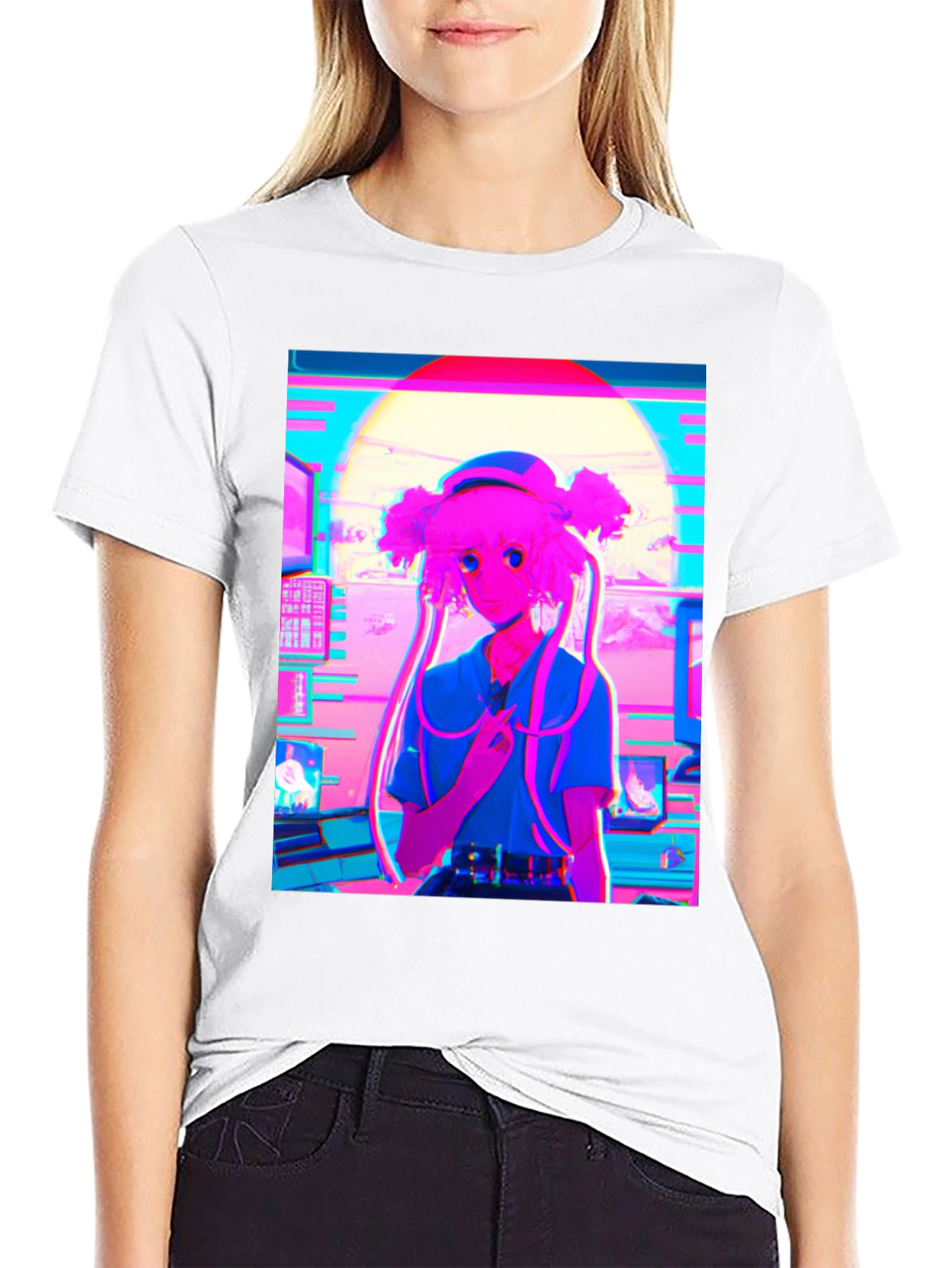 Black Vaporwave Anime Girl Graphic T-Shirt view 9