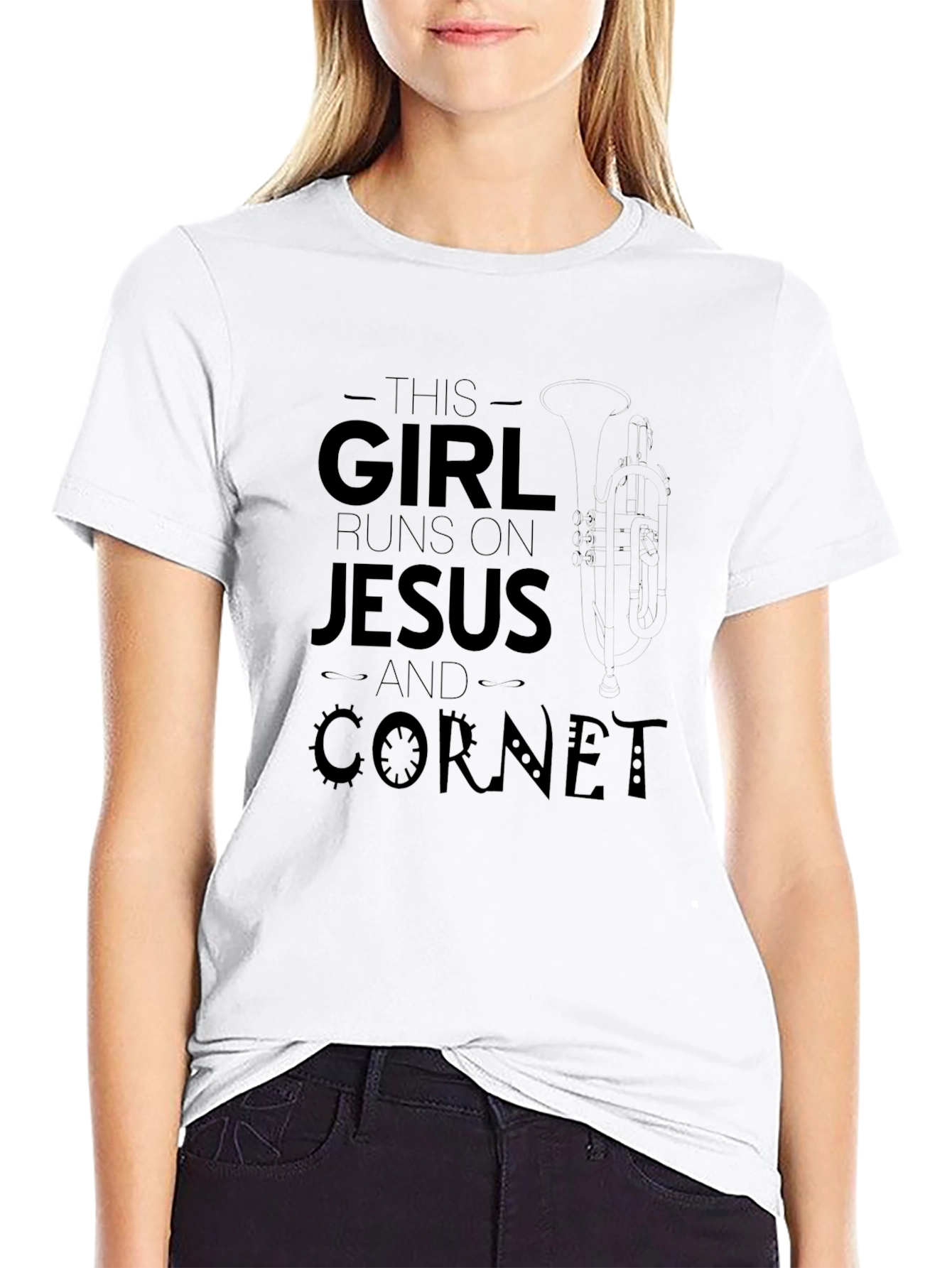 Black Girl Runs on Jesus and Cornet T-Shirt view 9