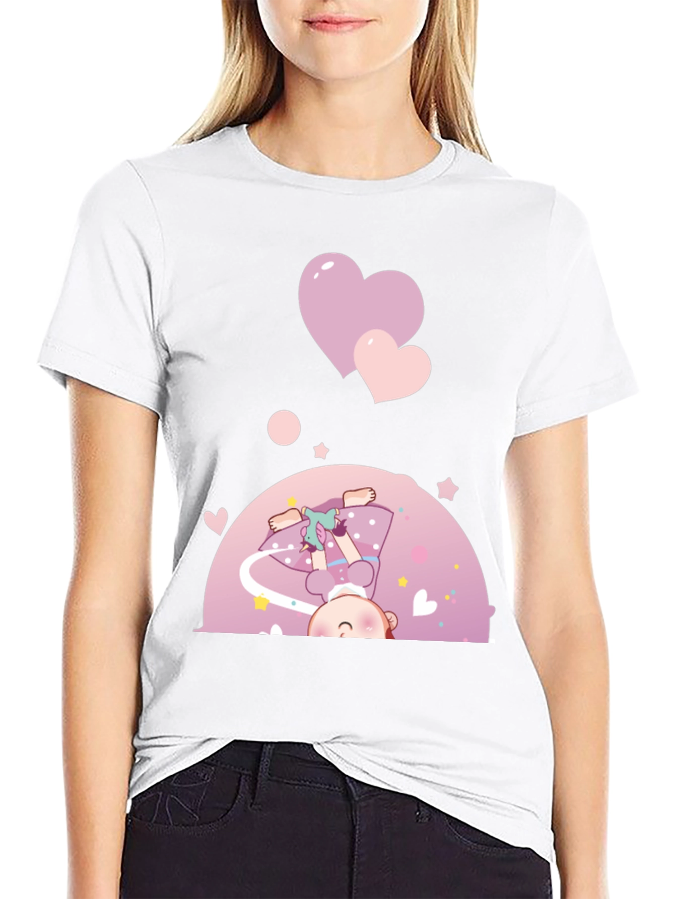 Black Cute Cartoon Girl with Hearts Black T-Shirt view 9
