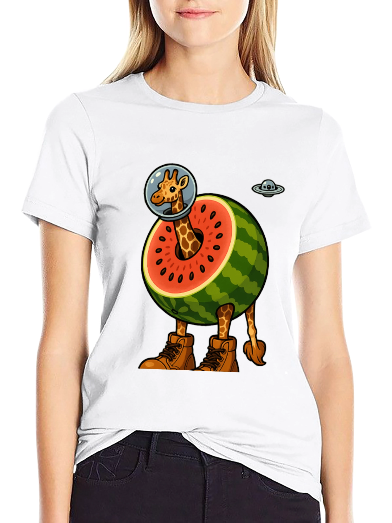 Black Giraffe Astronaut Watermelon T-Shirt view 9