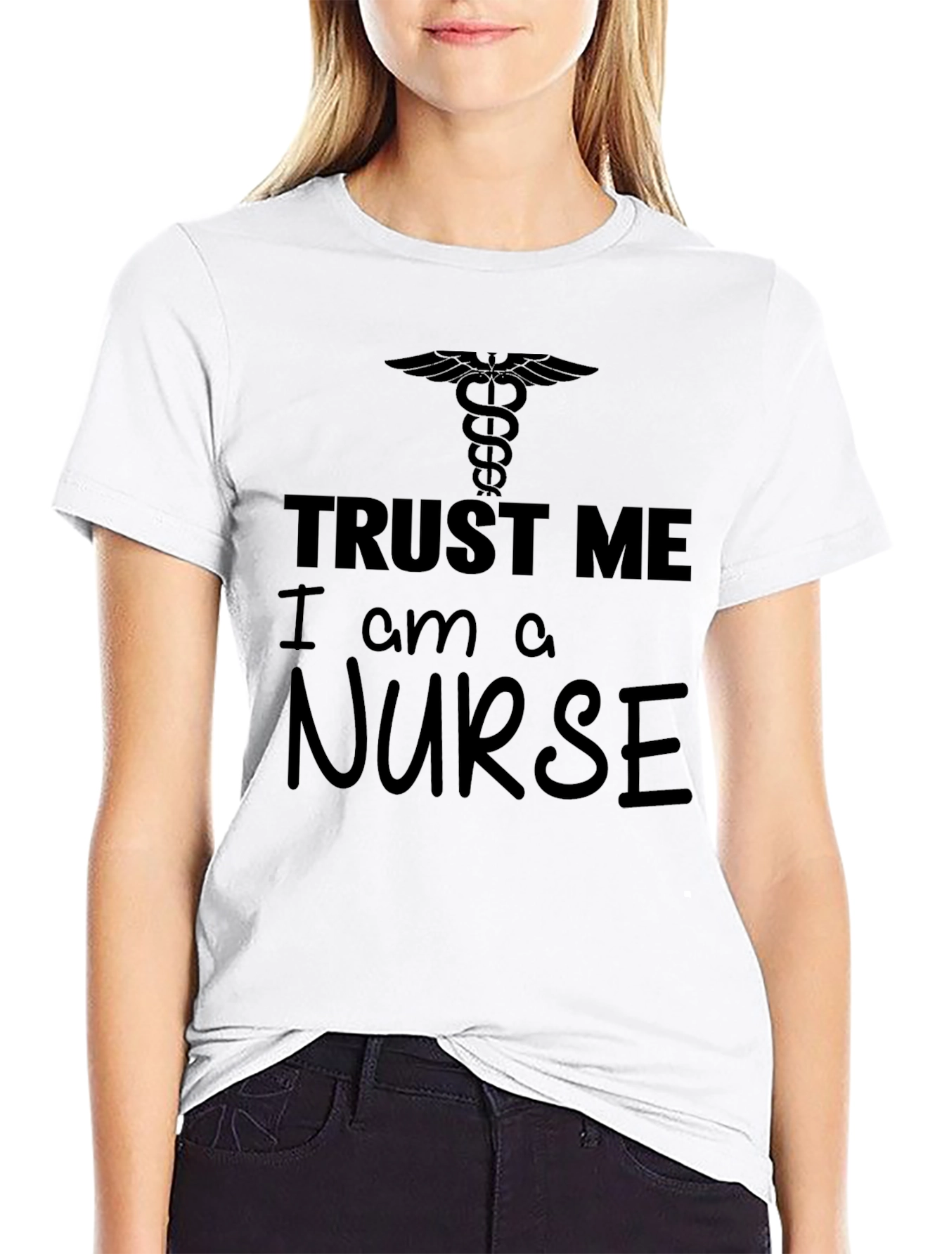 Black Trust Me I Am A Nurse T-Shirt, Caduceus Logo, Black Tee view 9