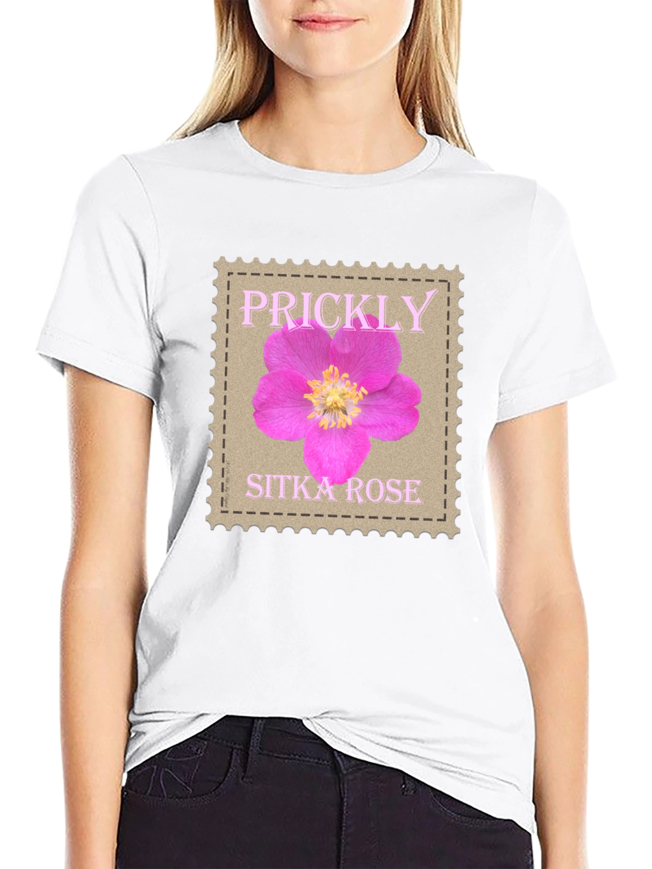 Black Prickly Sitka Rose Stamp Style T-Shirt view 9