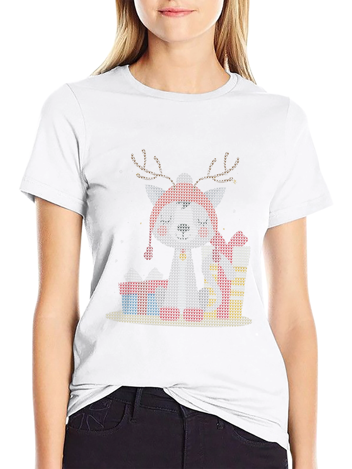 Black Festive Reindeer Dog Knit Pattern Tee view 9