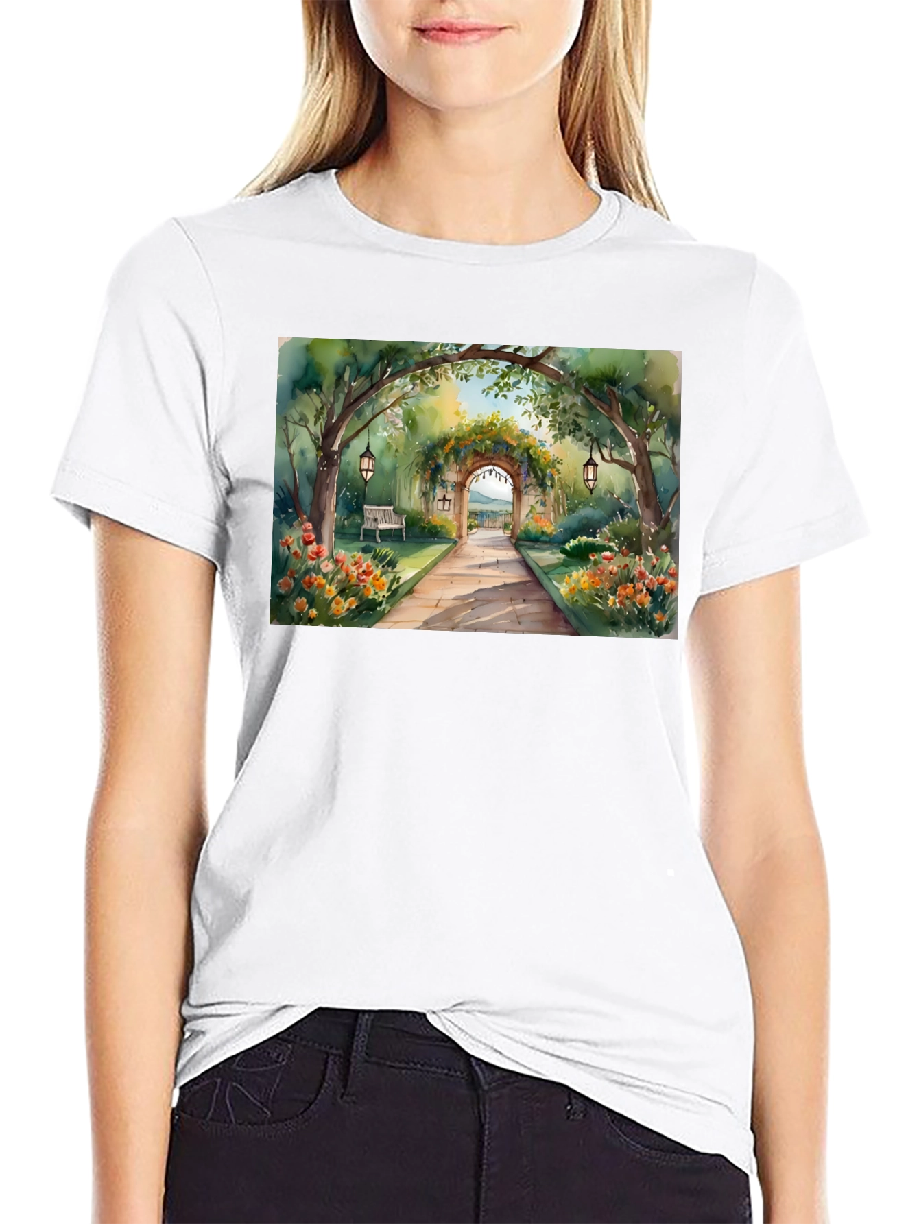Black Watercolor Garden Path T-Shirt view 9