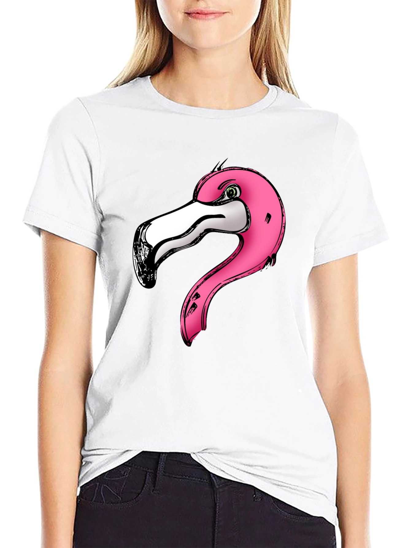 Black Pink Flamingo Graphic Print Black T-Shirt view 9