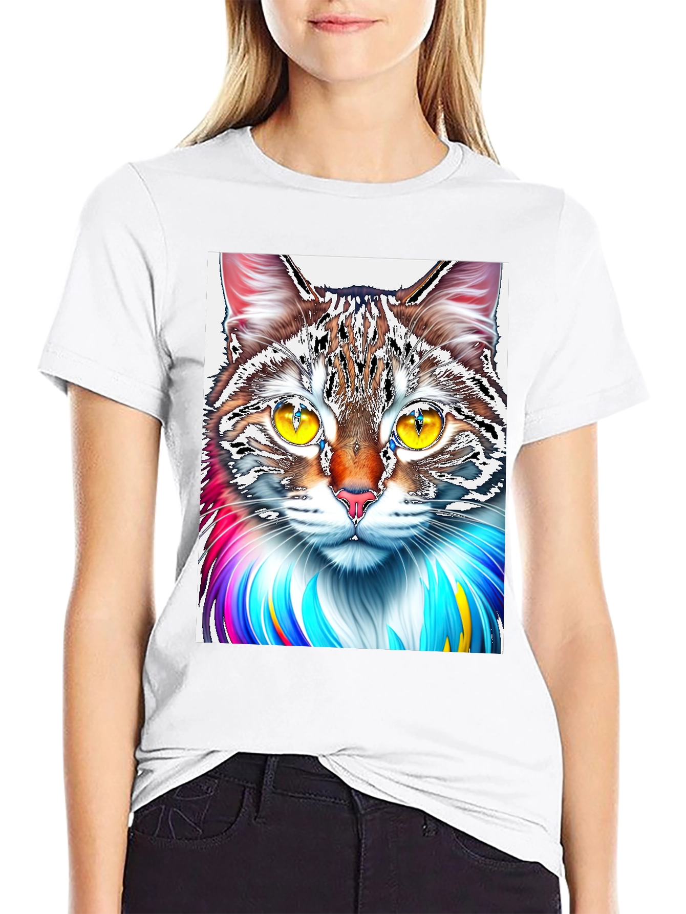 Black Colorful Cat Graphic Print Black T-Shirt view 9