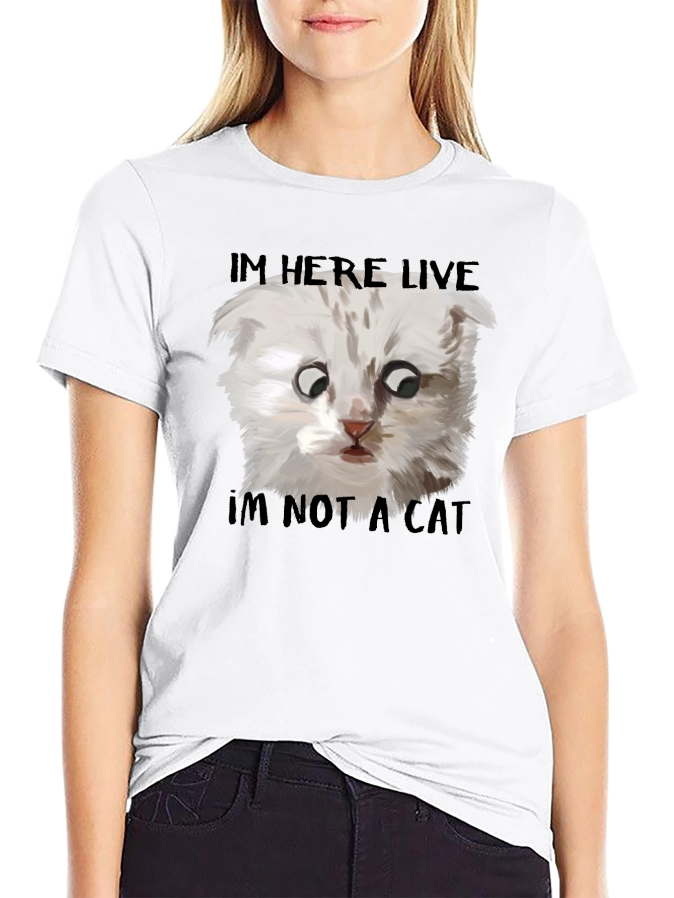 Black I'm Here Live, I'm Not A Cat T-Shirt view 9
