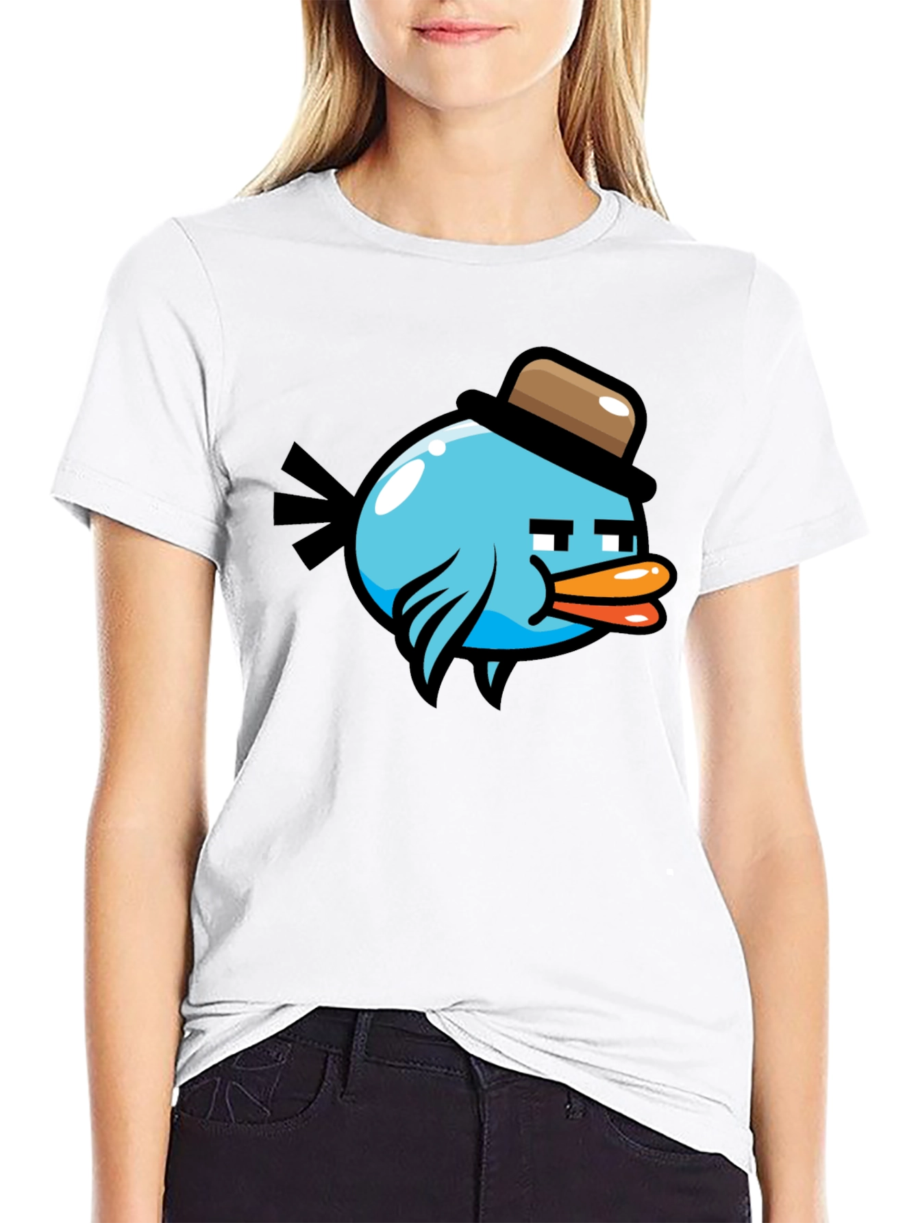 Black Cartoon Bird in Hat Graphic Tee - Black view 9