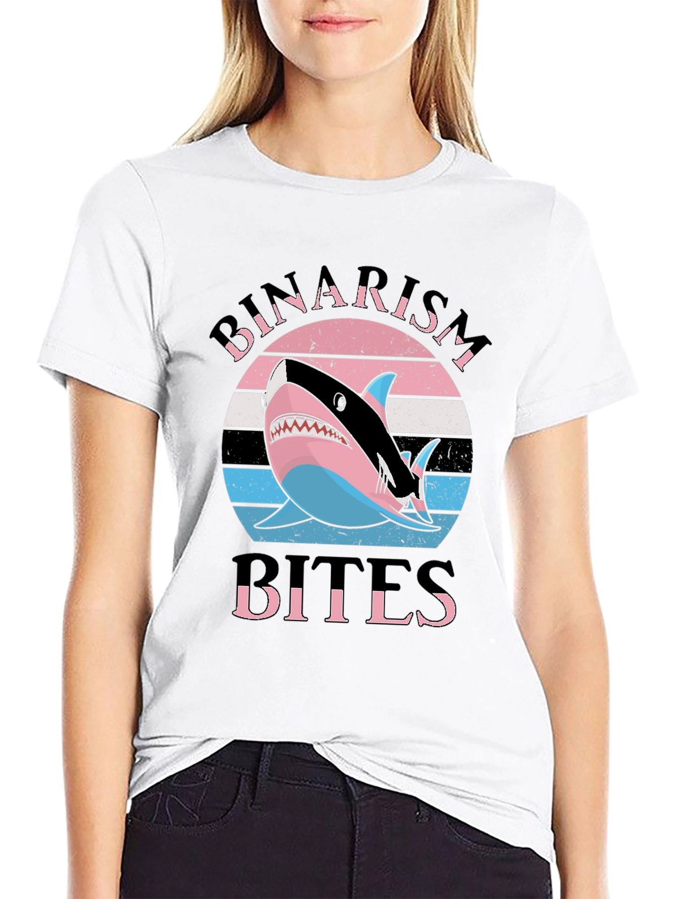 Black Binairism Bites Shark Graphic Tee view 9