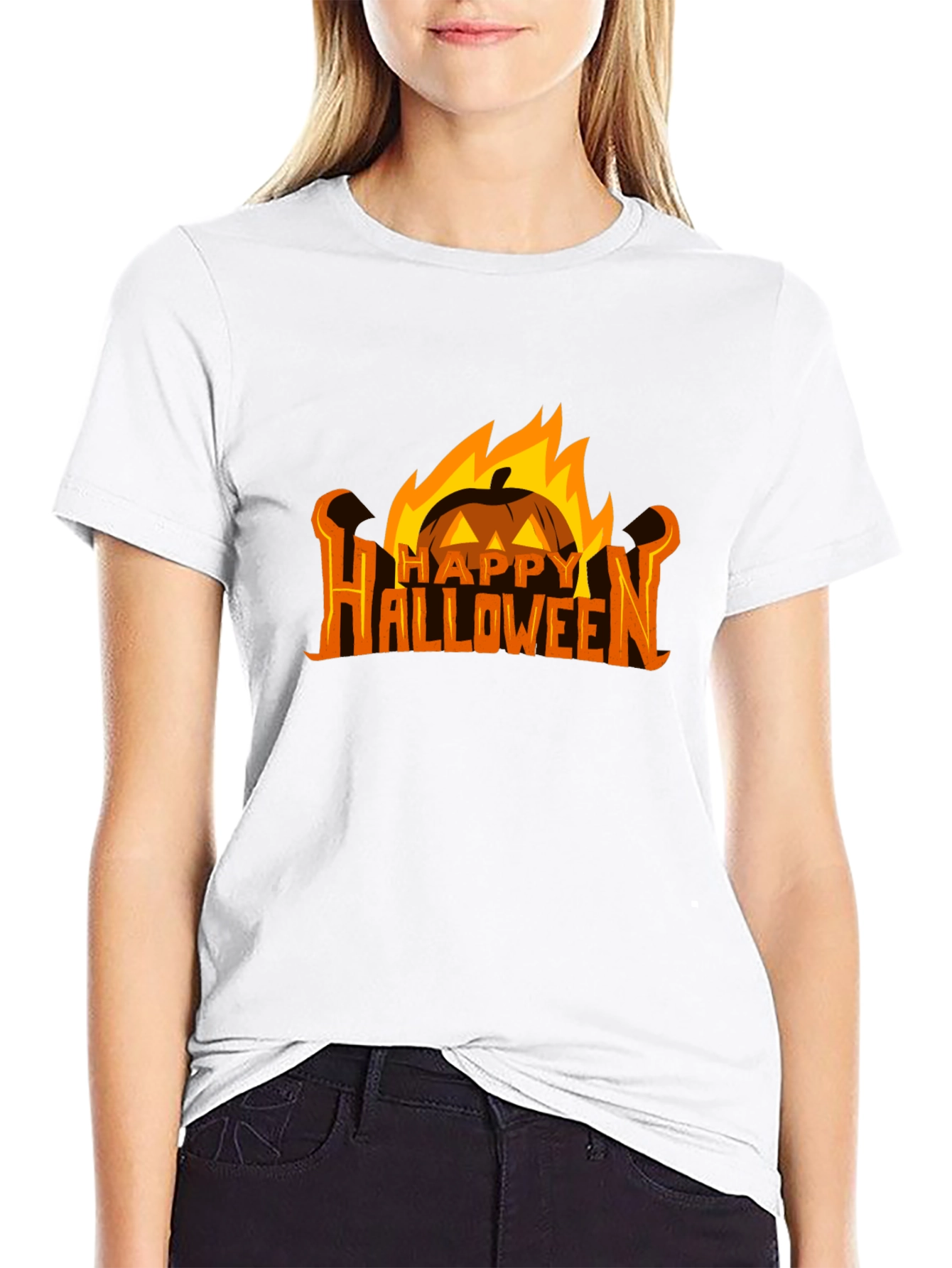 Black Halloween Pumpkin Fire Graphic Tee view 9