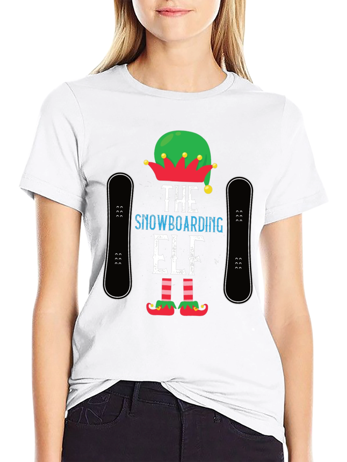 Black Snowboarding Elf T-Shirt: Holiday Fun! view 9