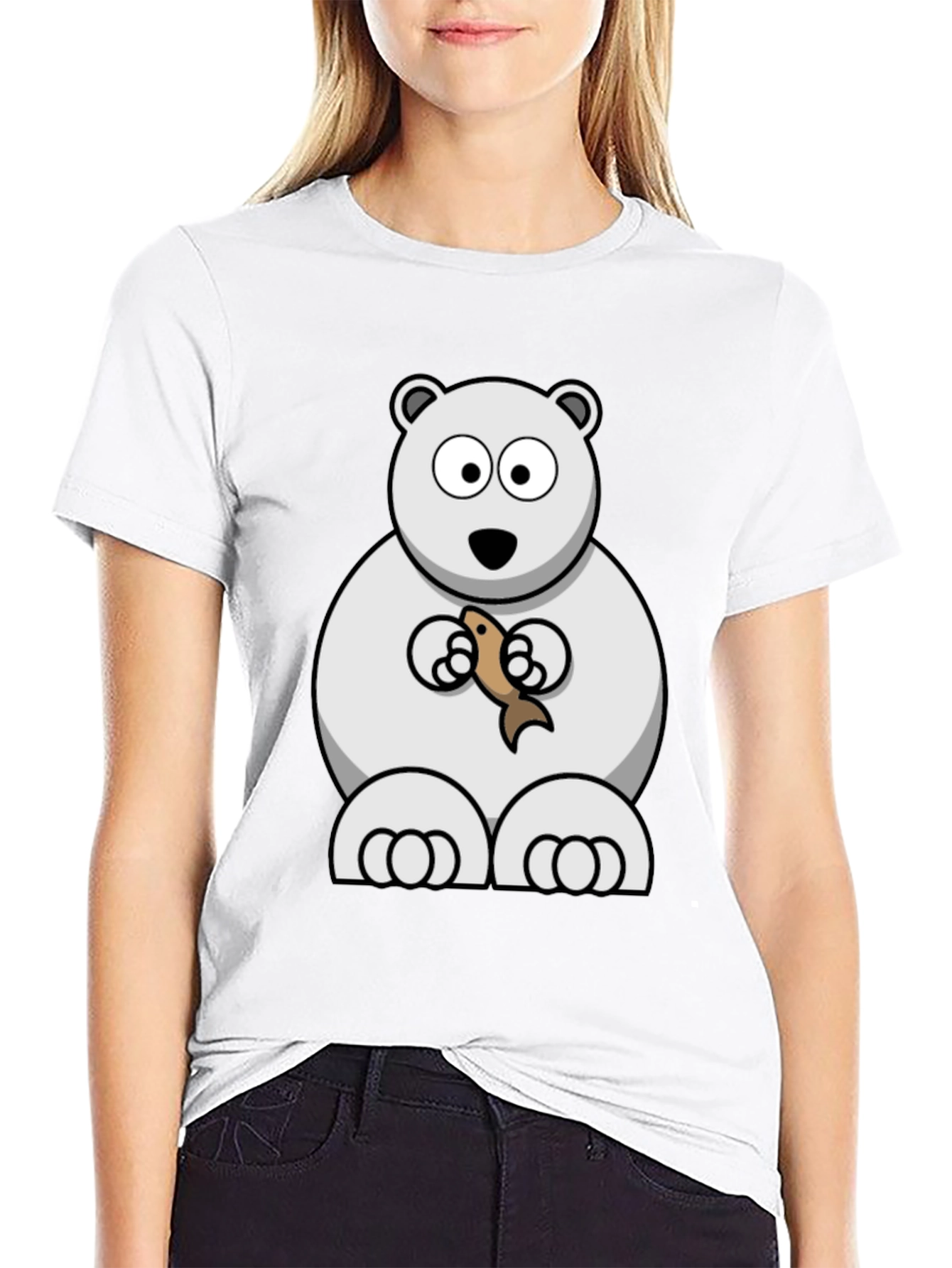 Black Polar Bear with Fish Graphic Tee - Black Cotton T-Shirt view 9