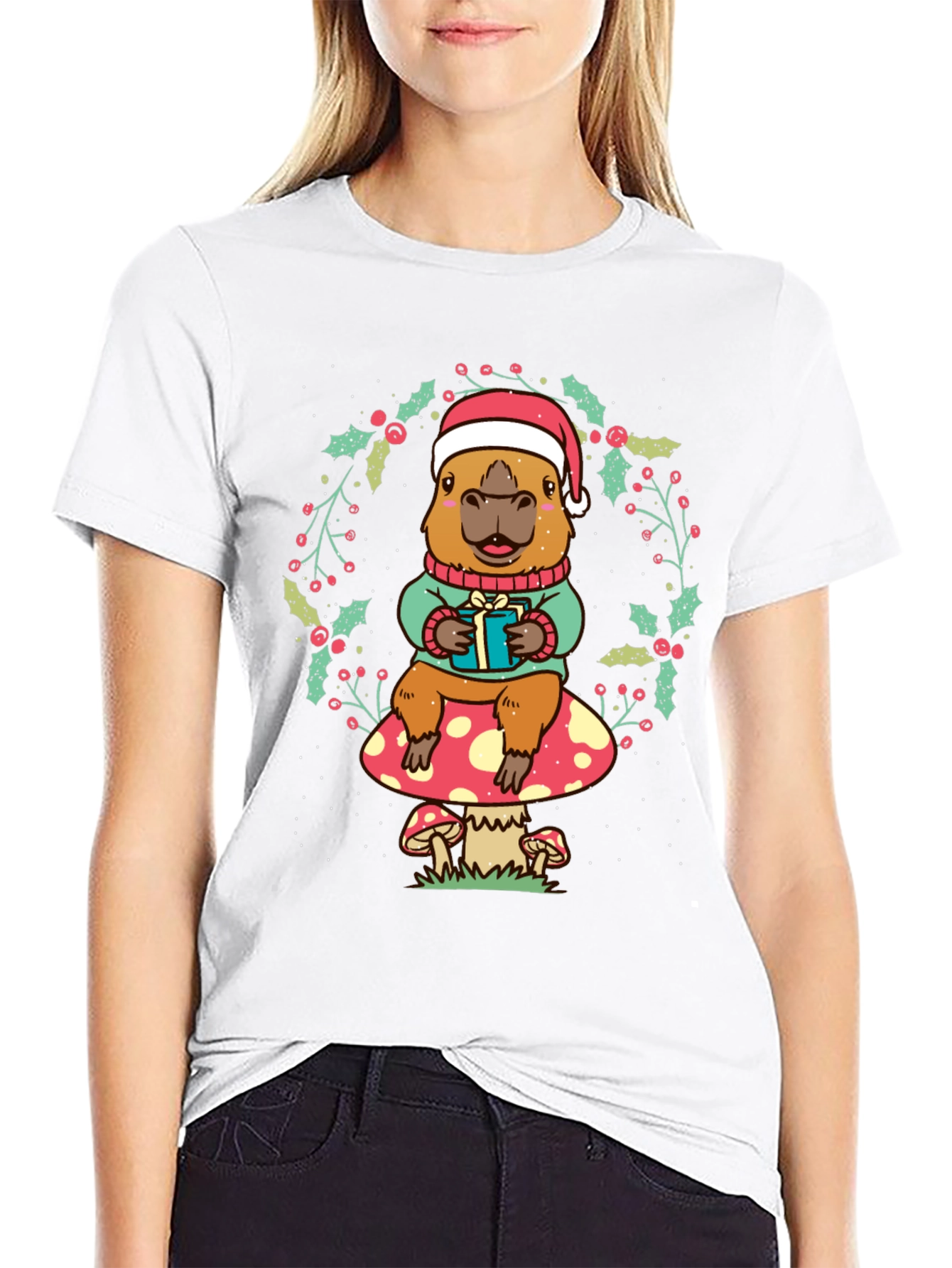Black Festive Capybara Christmas T-Shirt view 9