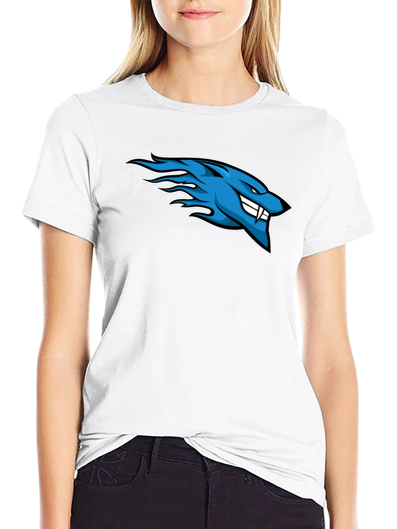 Black Men's Black T-Shirt with Blue Flaming Wolf Design view 9