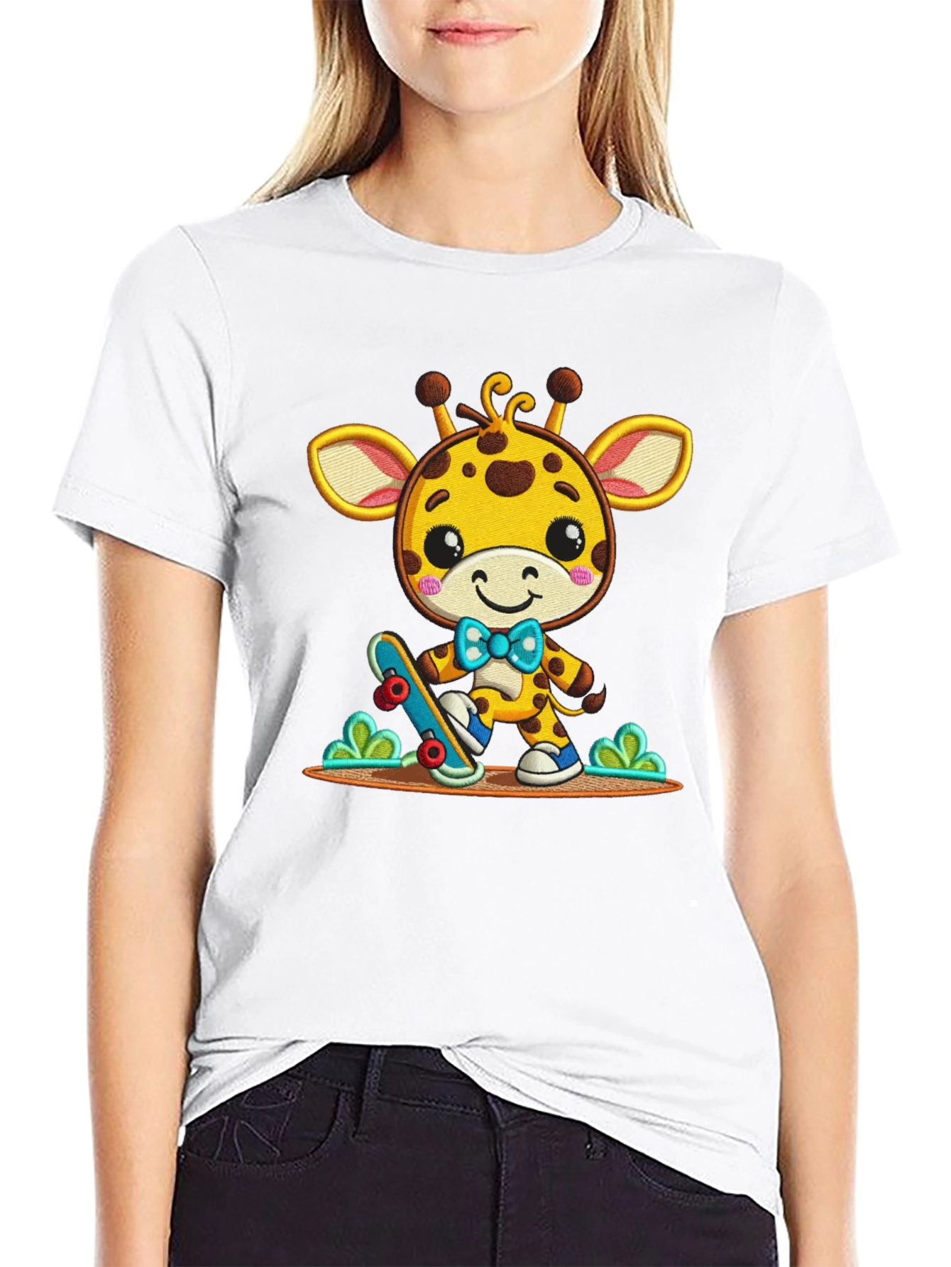 Black Cute Giraffe Skateboarder Graphic Tee view 9