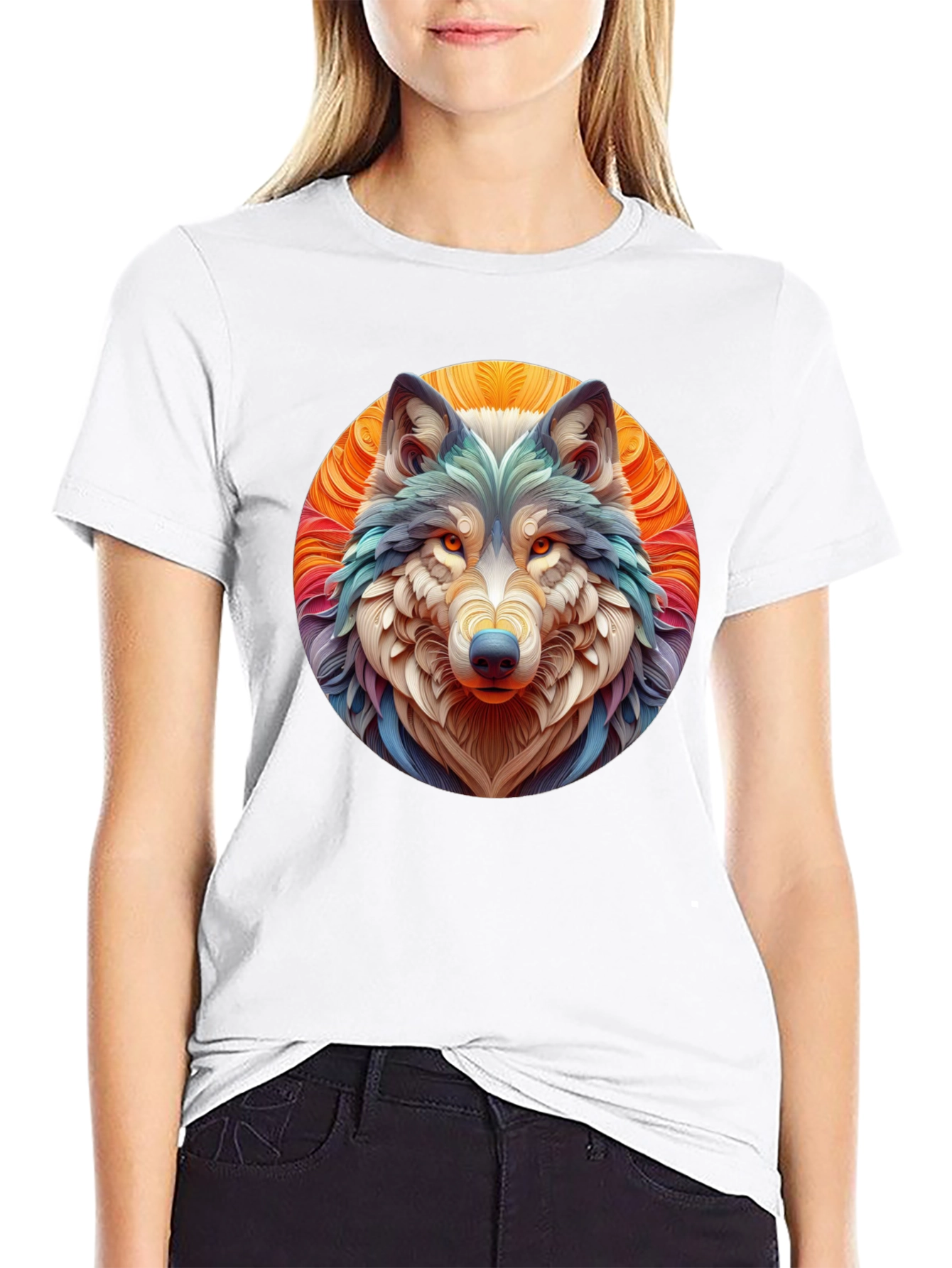 Black Wolf Art Graphic Tee - Black Cotton T-Shirt view 9