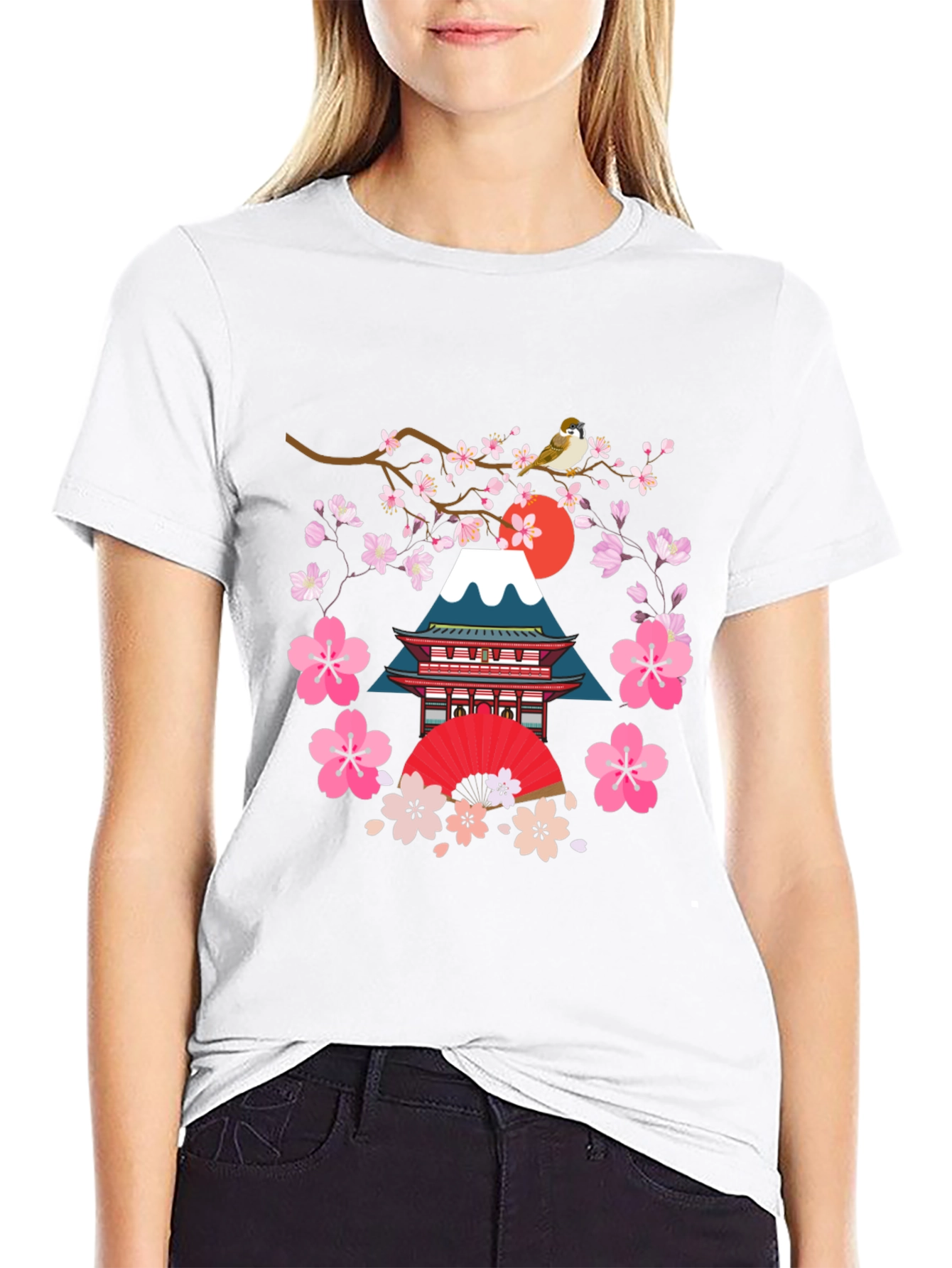 Black Japanese Art T-Shirt - Bird, Blossoms, and Mountain view 9