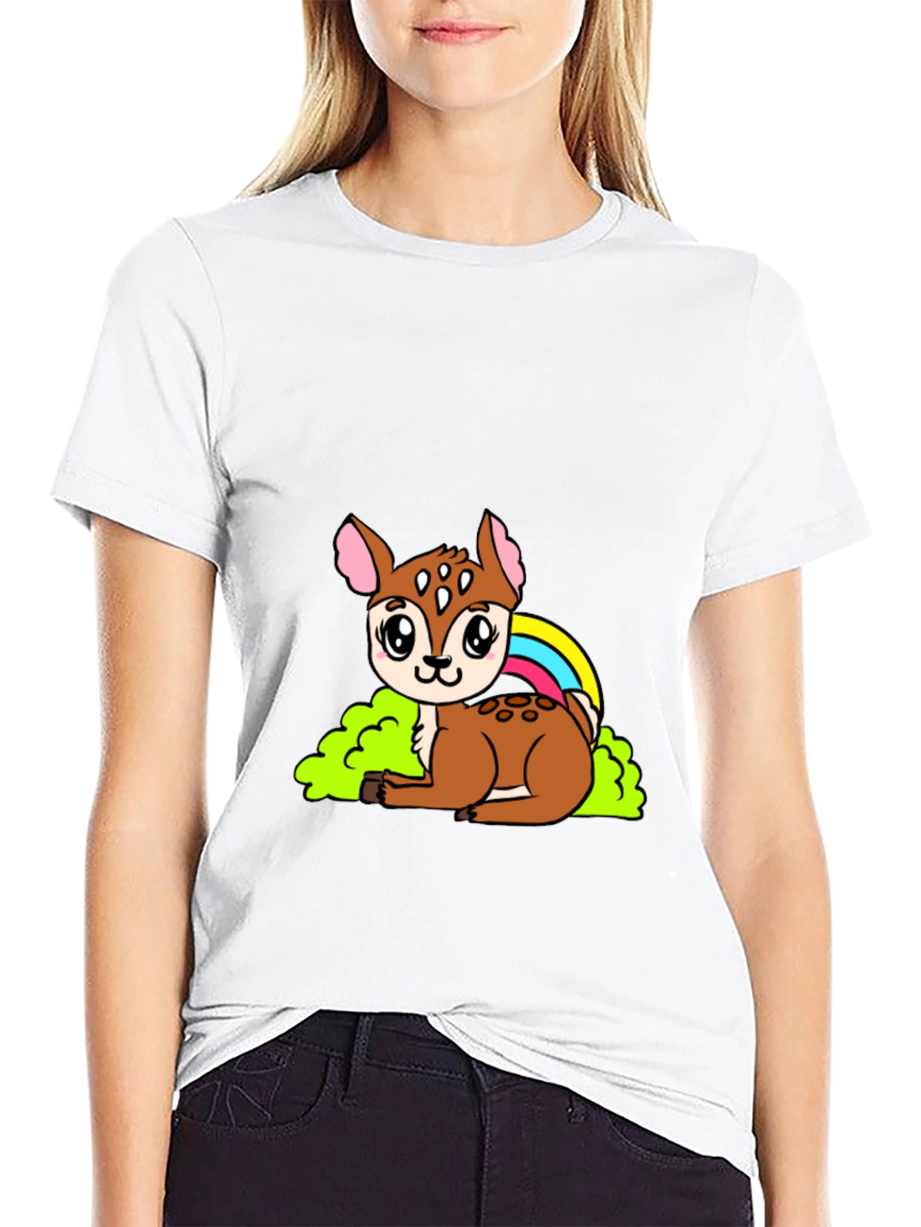 Black Cute Deer Cartoon Graphic Black T-Shirt view 9