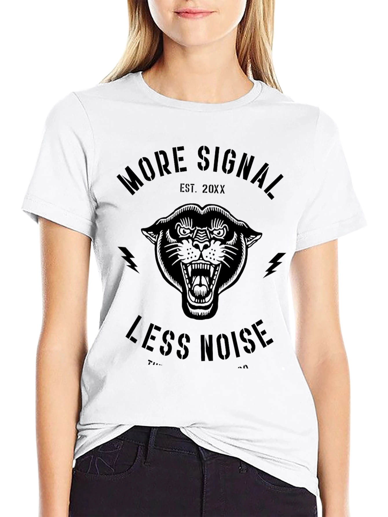 Black More Signal Less Noise Panther Graphic Tee view 9