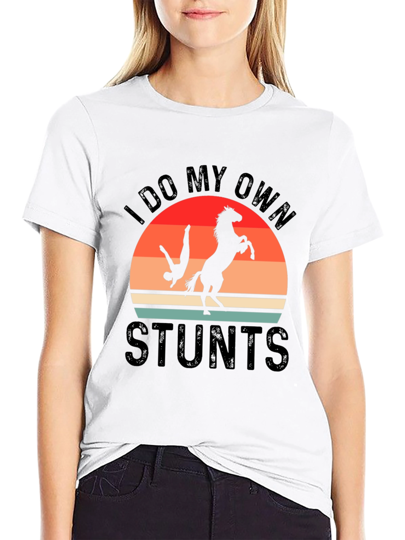 Black I Do My Own Stunts T-Shirt Horse Riding Funny Gift view 9