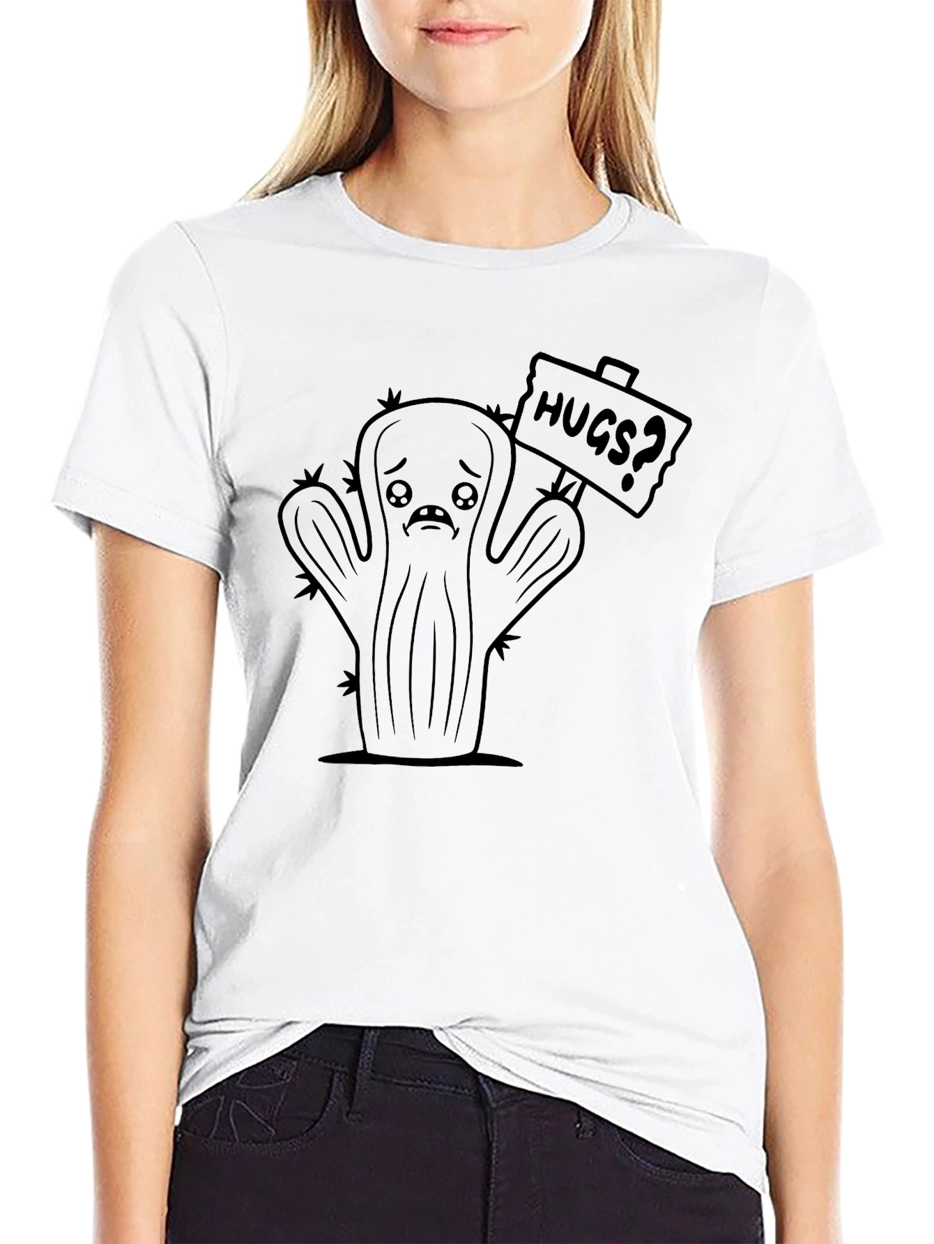 Black Sad Cactus Hugs? Black T-Shirt view 9