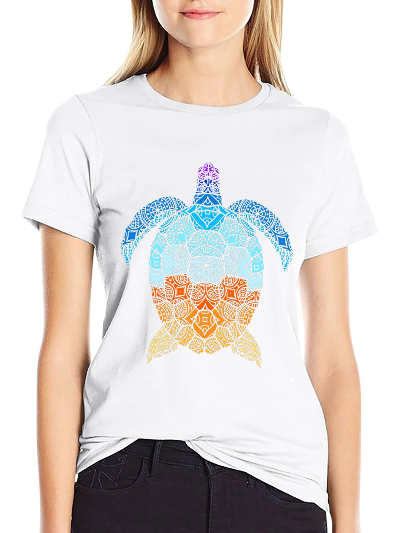 Black Turtle Mandala Graphic Tee - Black Cotton T-Shirt view 9