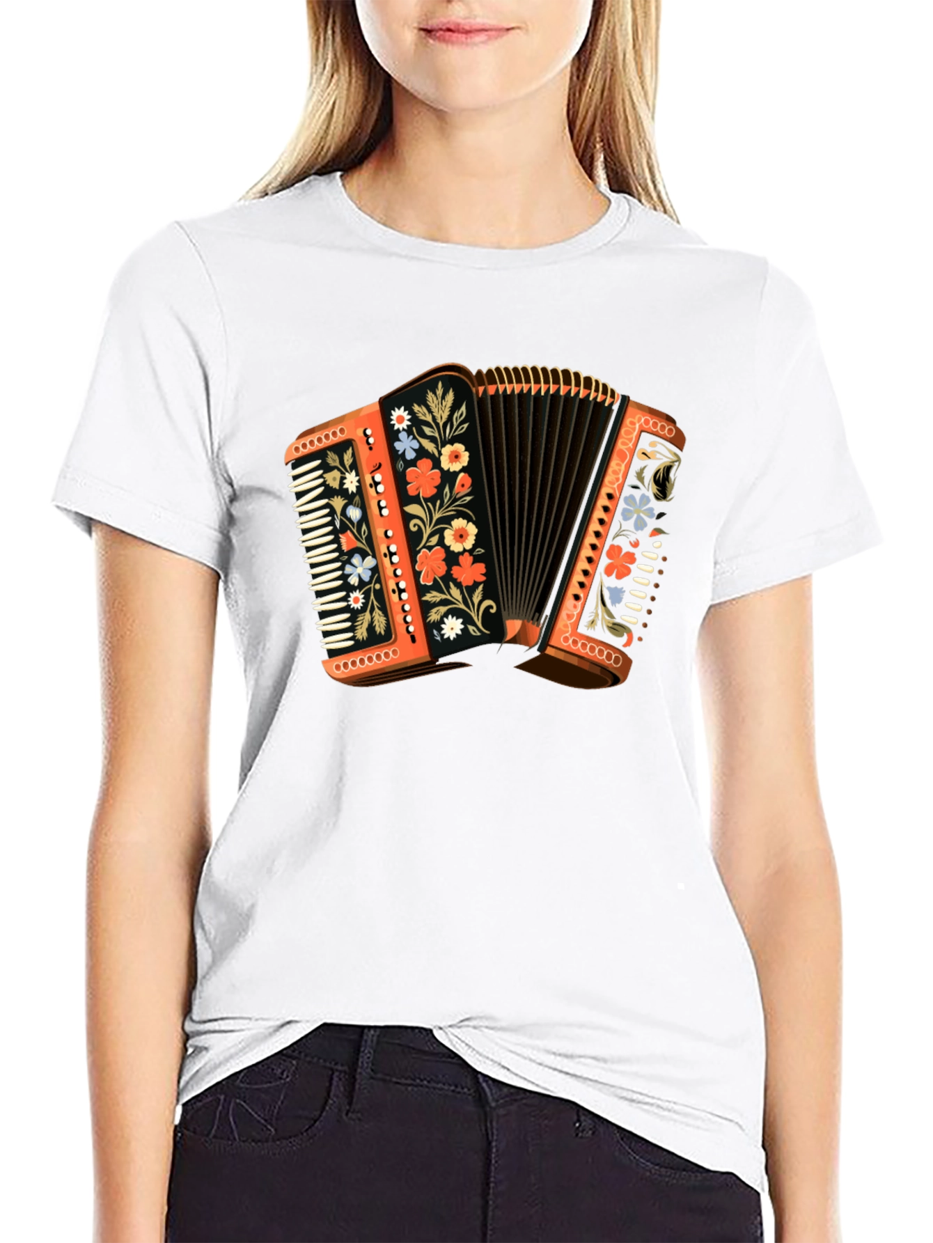 Black Accordion Floral T-Shirt - Music Lover Gift view 9