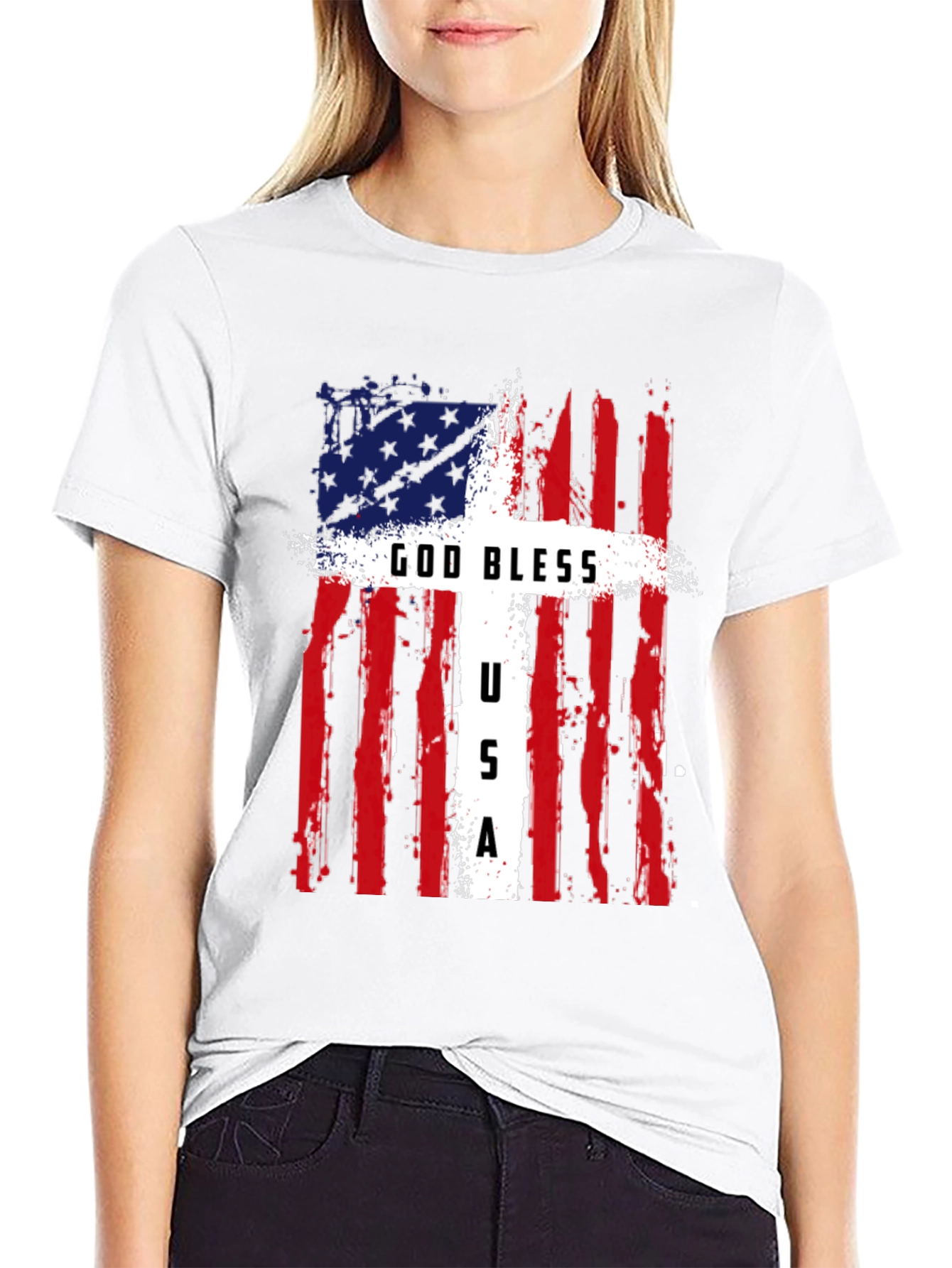 Black God Bless USA Patriotic T-Shirt view 9
