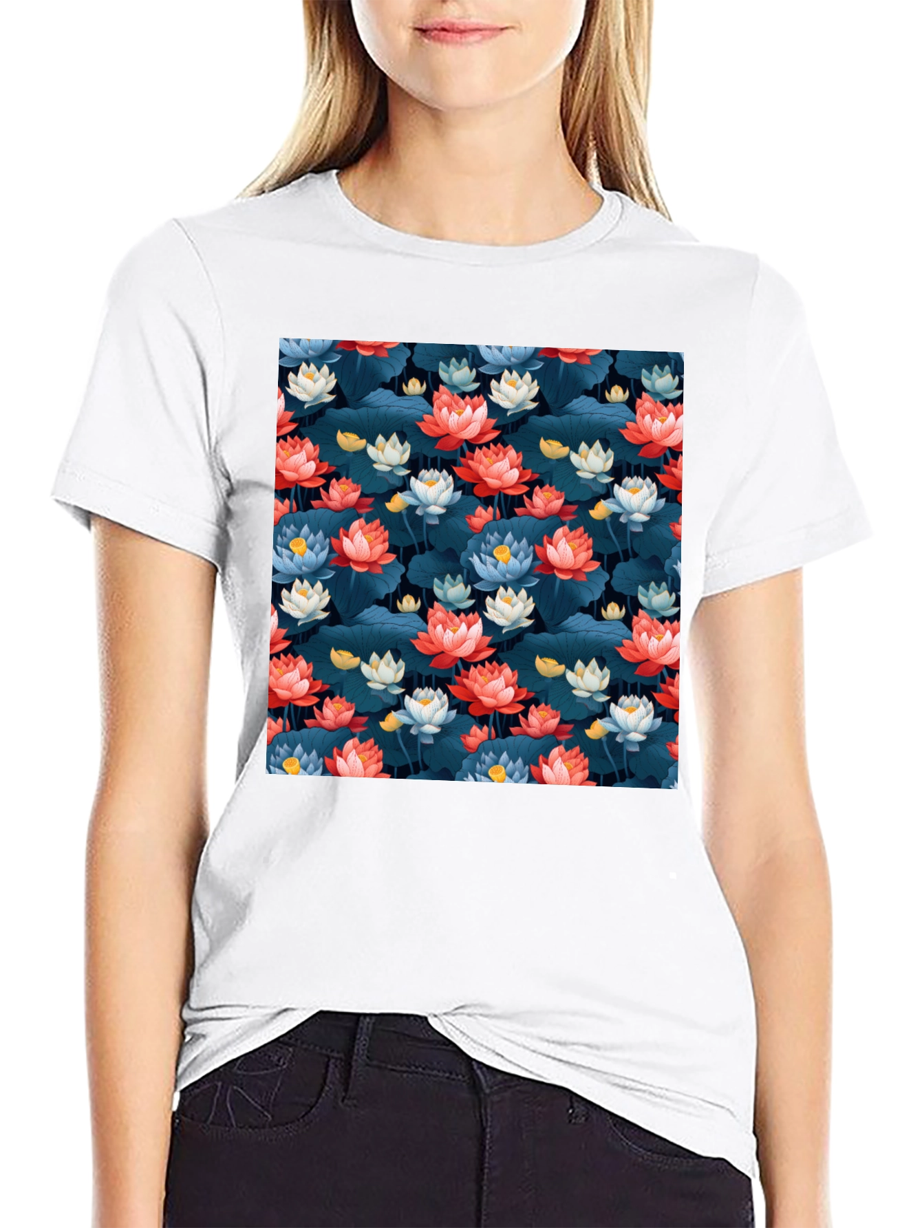 Black Lotus Flower Print Black T-Shirt view 9