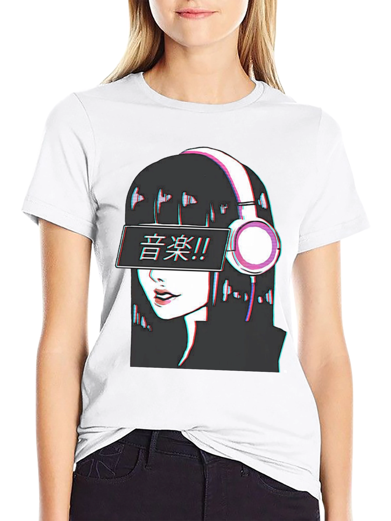 Black Anime Girl Music T-Shirt - Glitch Effect view 9