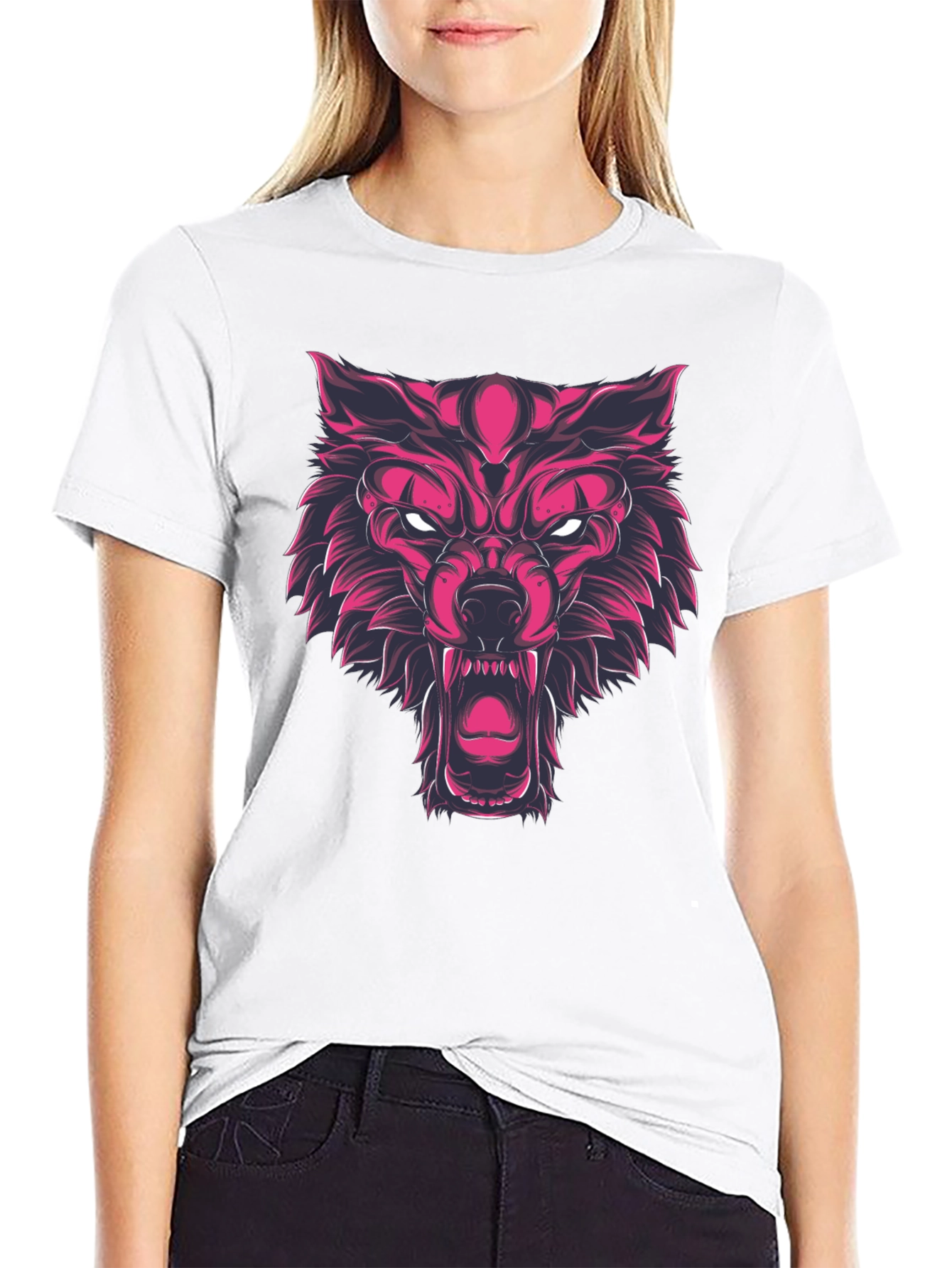 Black Fierce Wolf Graphic Print Black T-Shirt view 9