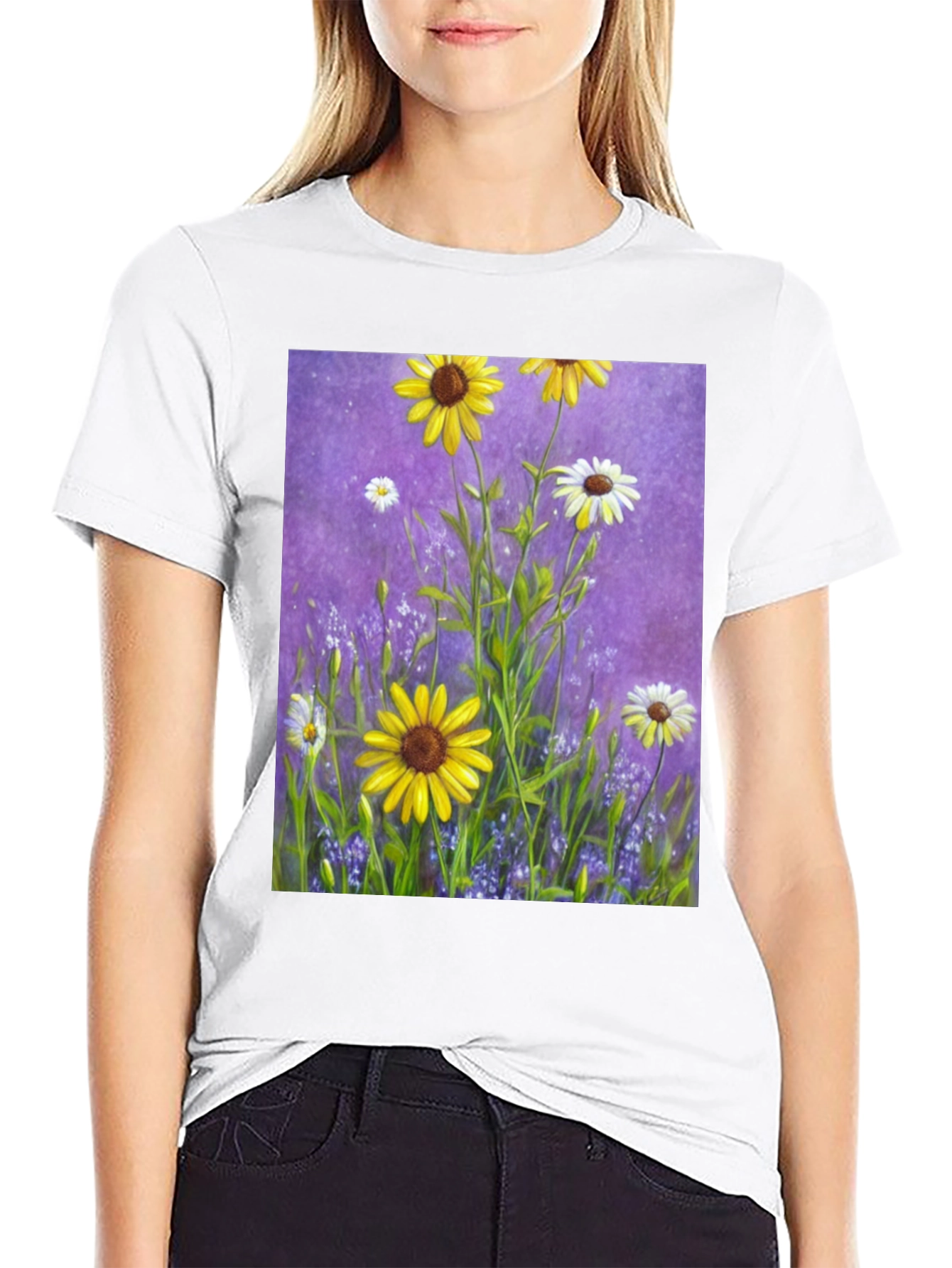 Black Floral Garden T-Shirt: Vibrant Sunflower Meadow Design view 9