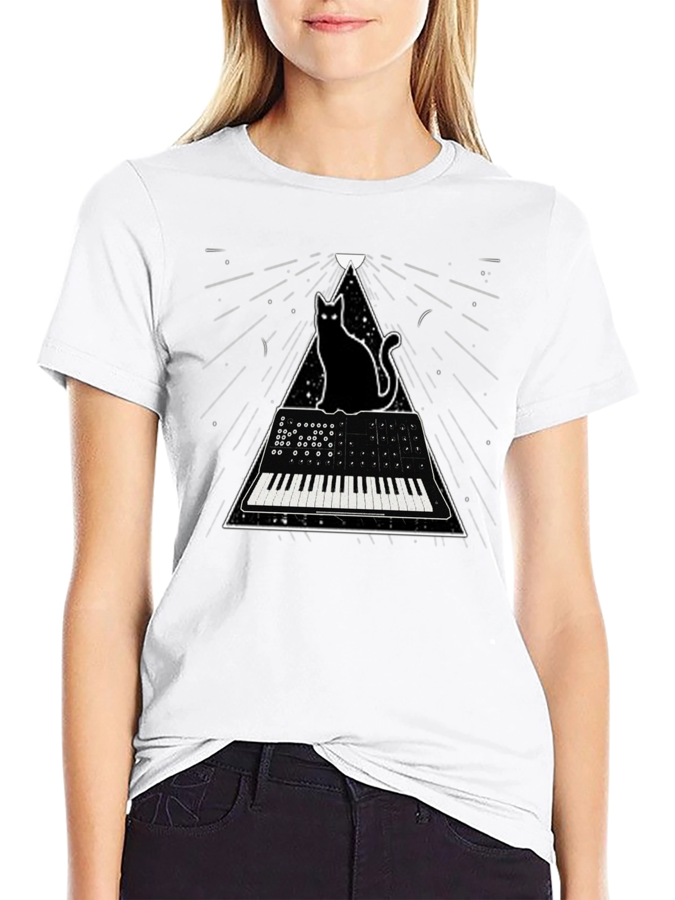 Black Cat Keyboard T-Shirt - Synthwave Style view 9